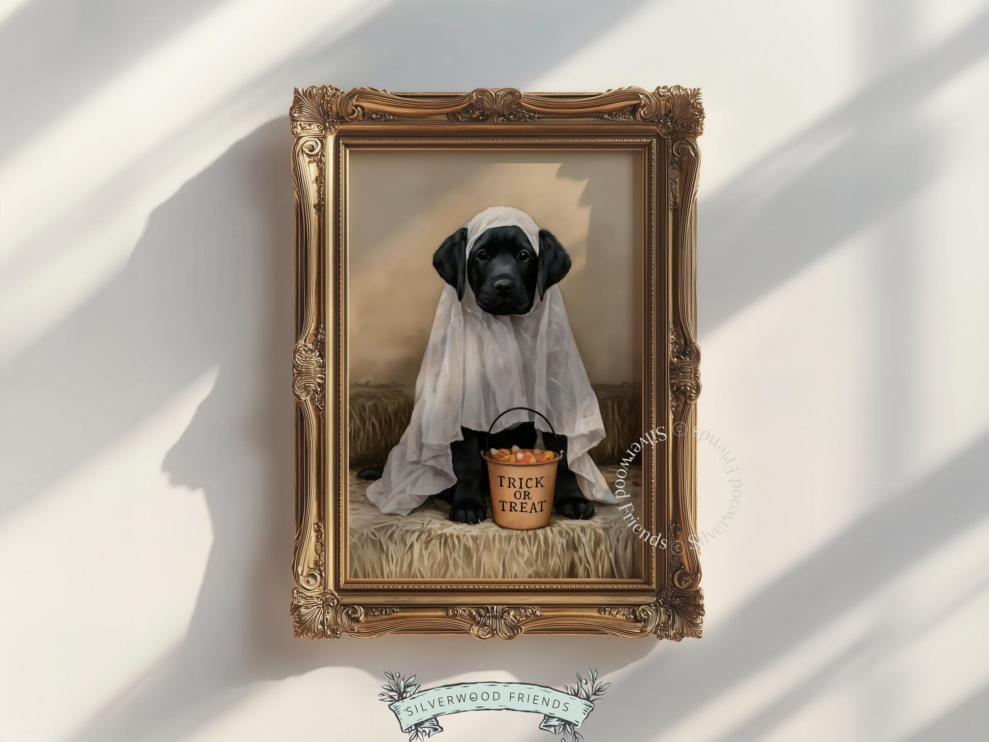Spooky season canine art for family room — Halloween-dressed Lab with painterly brushwork texture