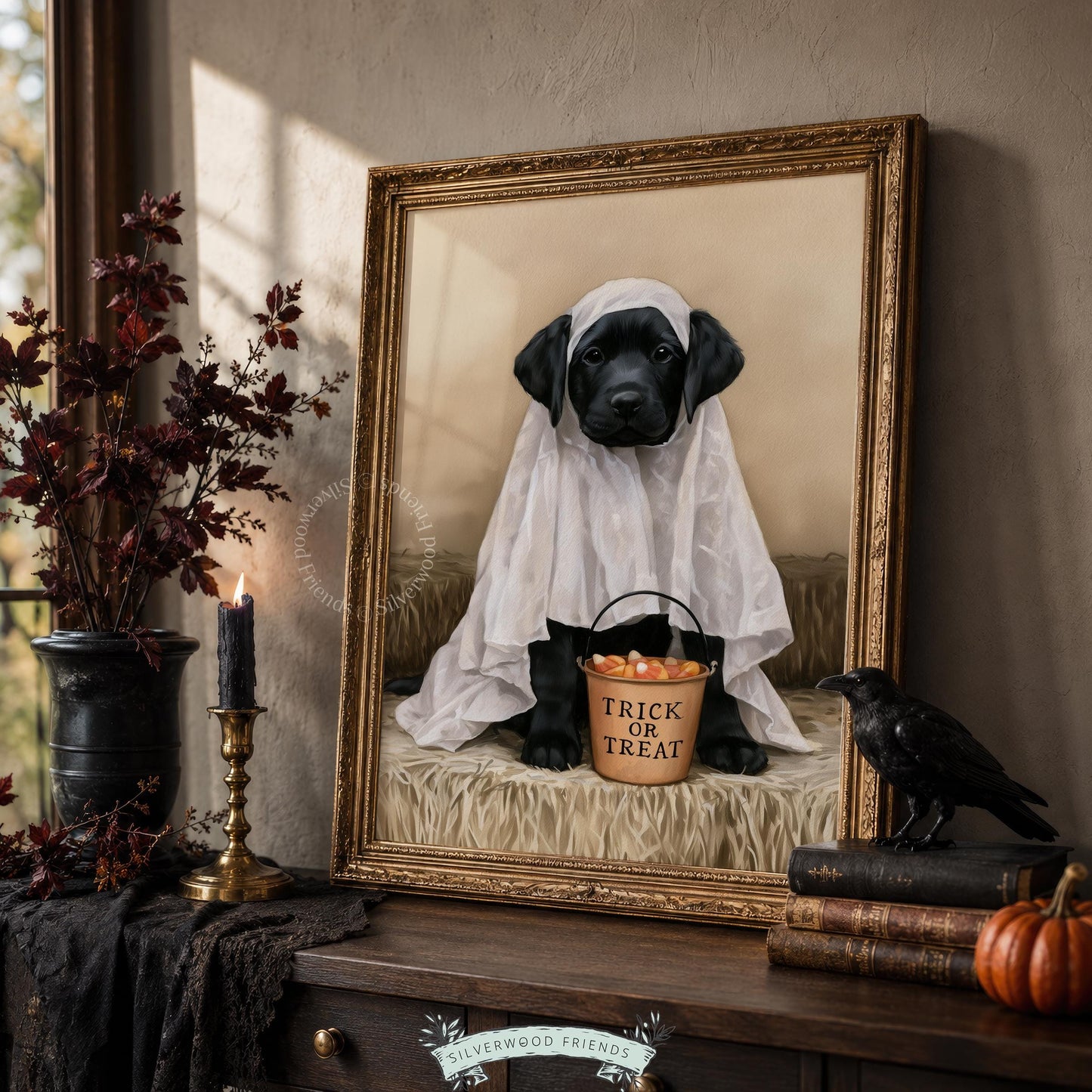 Vintage Halloween canine wall print — dressed-up Lab puppy portrait with warm vintage palette