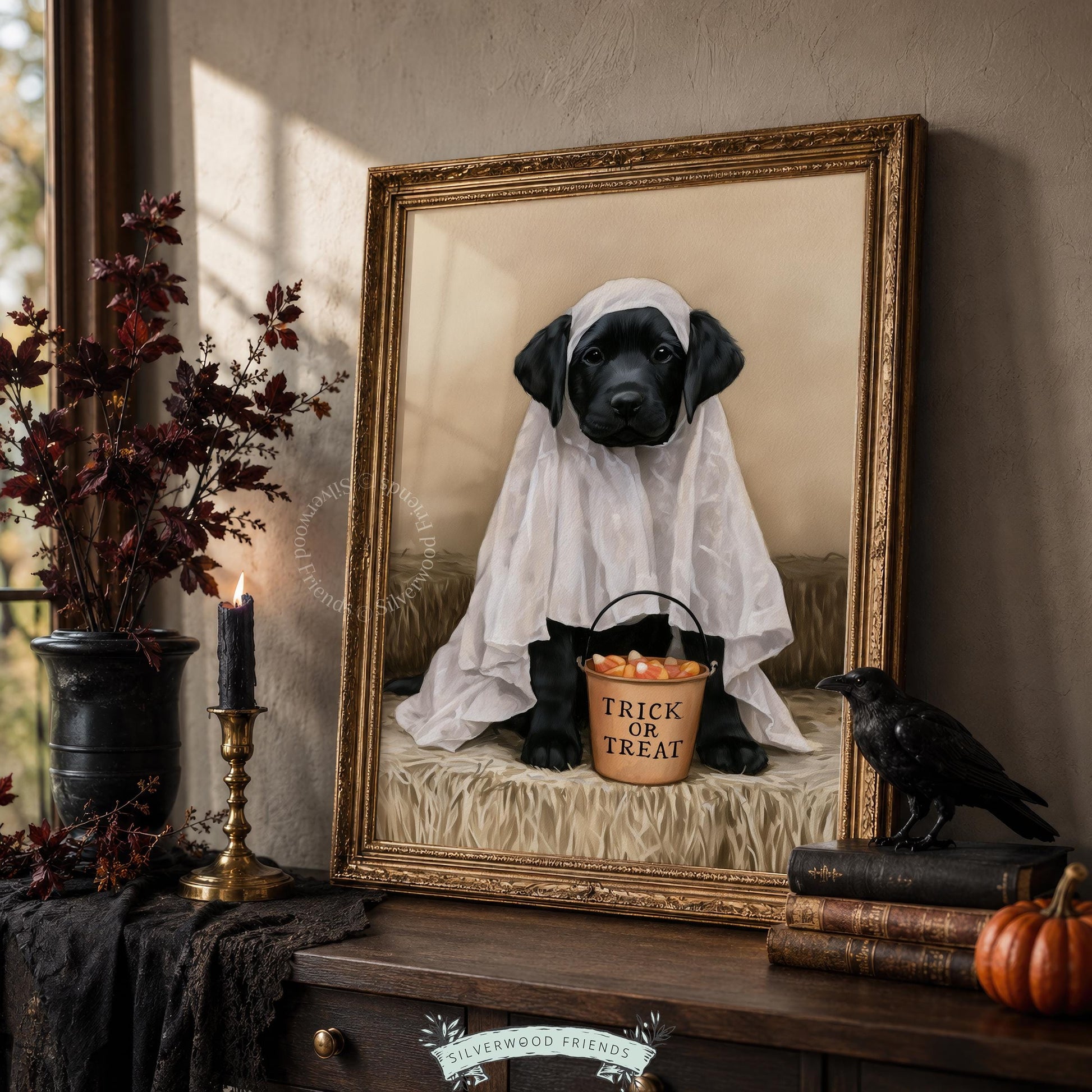 Vintage Halloween canine wall print — dressed-up Lab puppy portrait with warm vintage palette