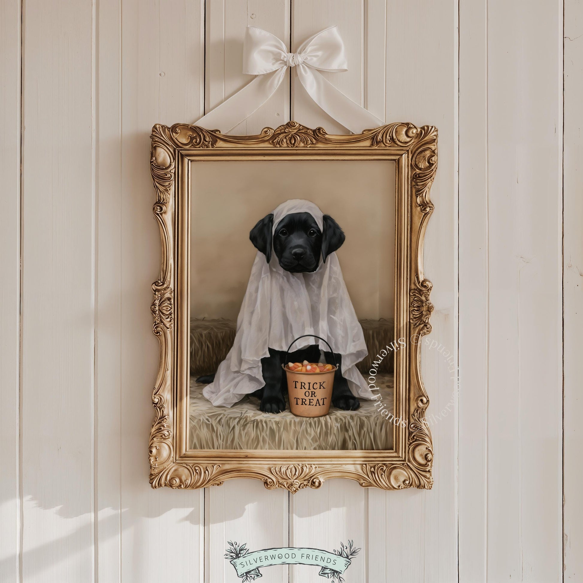 Seasonal pet wall decor printable — vintage black Labrador in ghost costume with sepia warmth