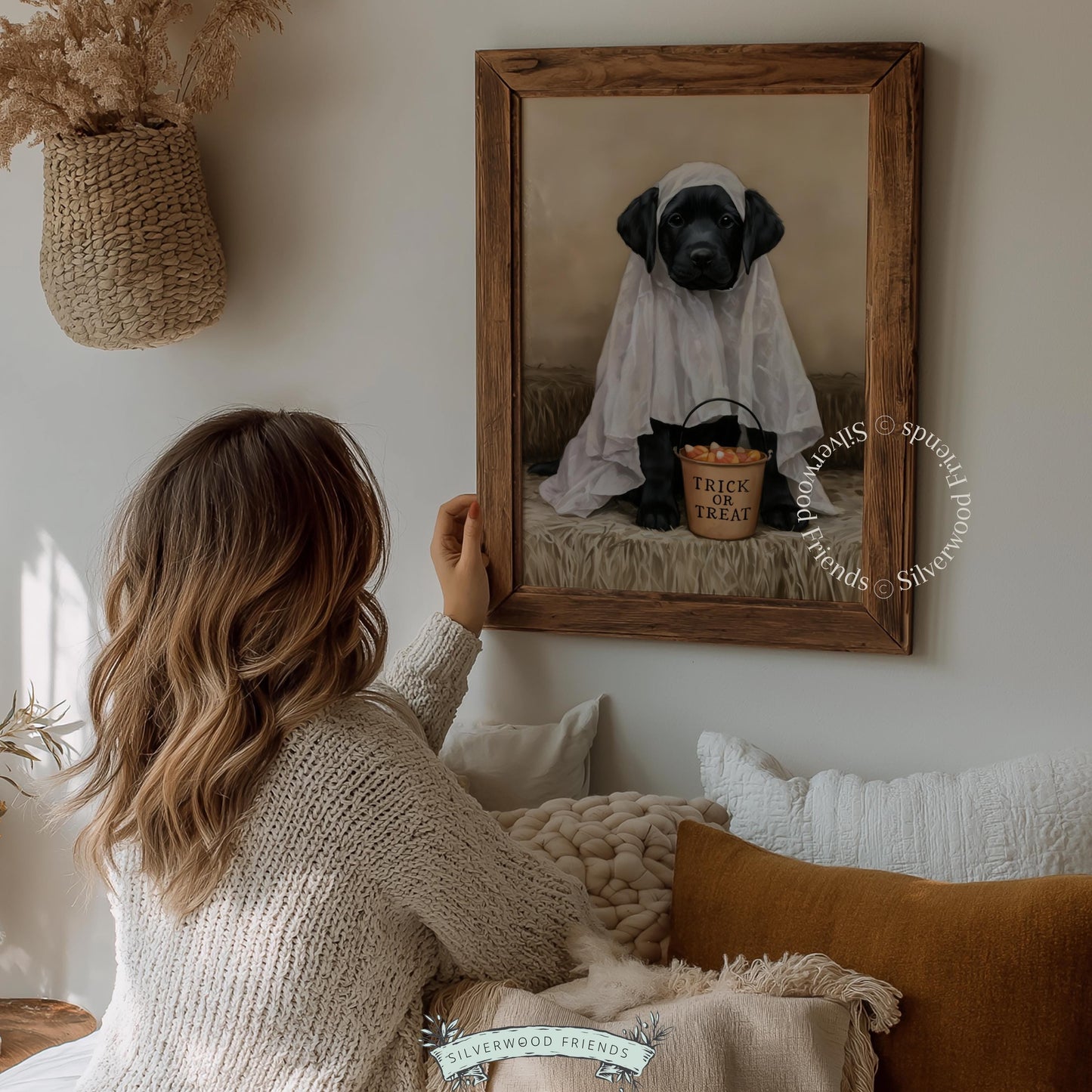 Trick-or-treat dog picture for bedroom — sepia-toned Lab puppy portrait with seasonal appeal