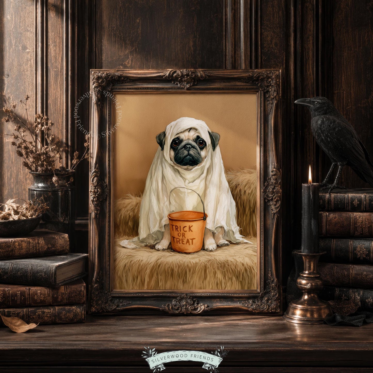 White-sheet costumed pug wall painting for seasonal display — vintage-style pet artwork with warm neutral hues