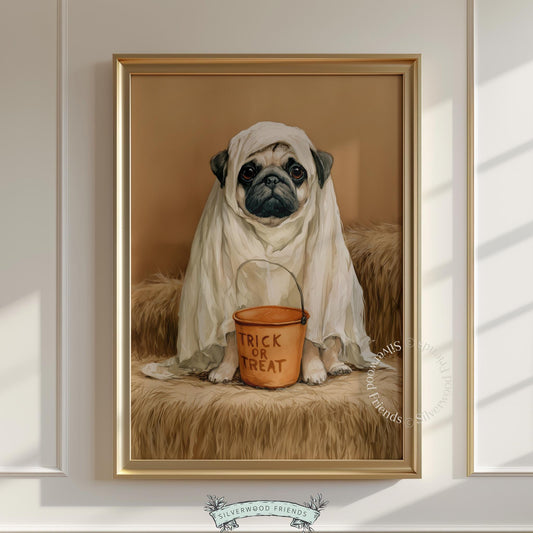 Candy-bucket pug costume artwork poster — spooky season dog portrait with cute sulky expression and warm tones