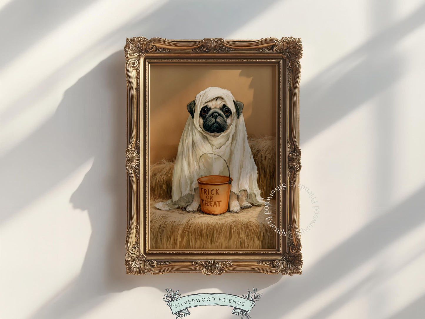 Pug in ghost sheet digital print for cottage decor — moody autumn pet poster with vintage painting technique