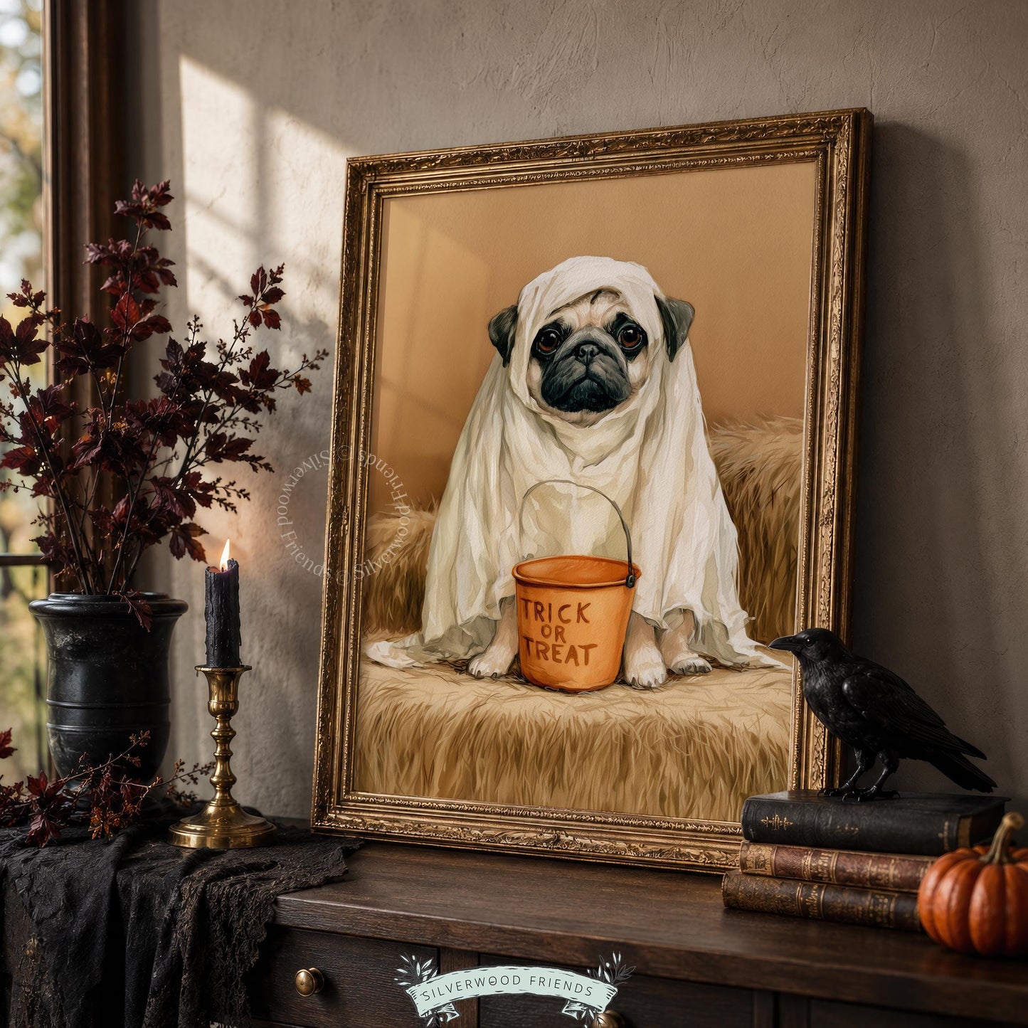 Reluctant ghost pup digital art download — cozy Halloween dog poster featuring trick-or-treat bucket detail