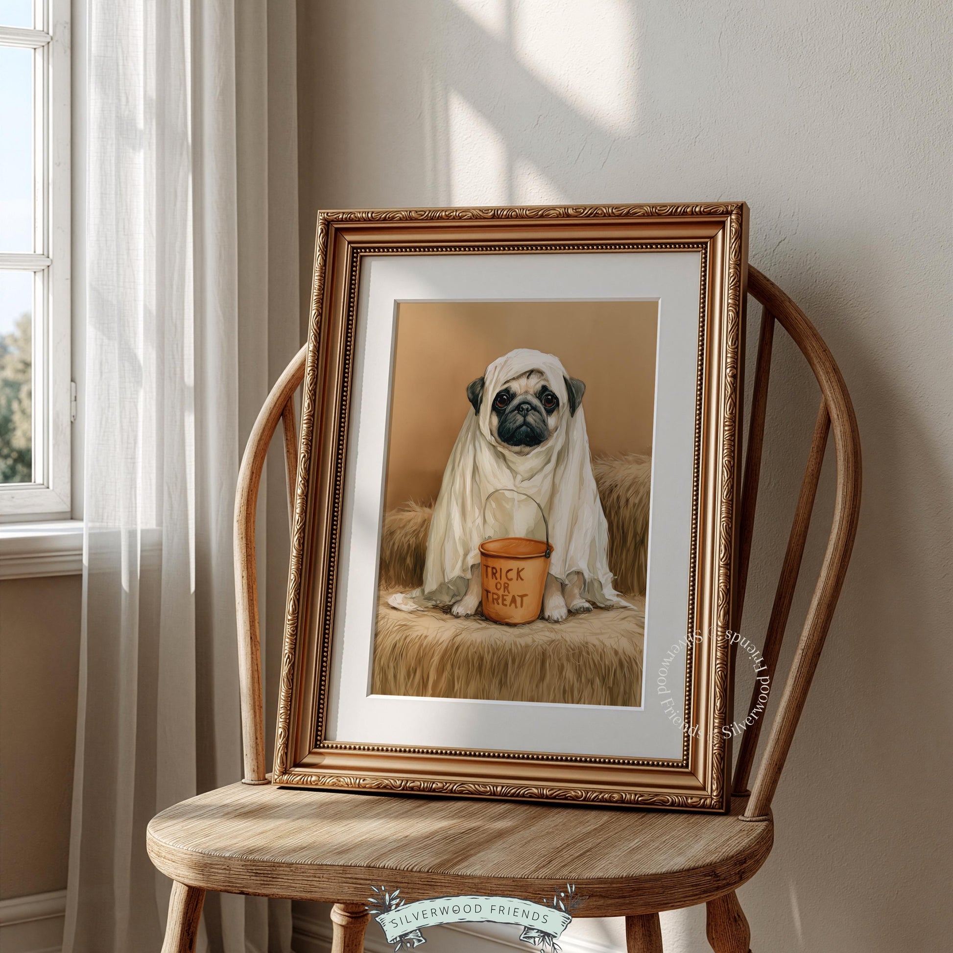 Trick-or-treat bucket pug artwork printable decor — whimsical ghost-costumed dog portrait with cottagecore appeal