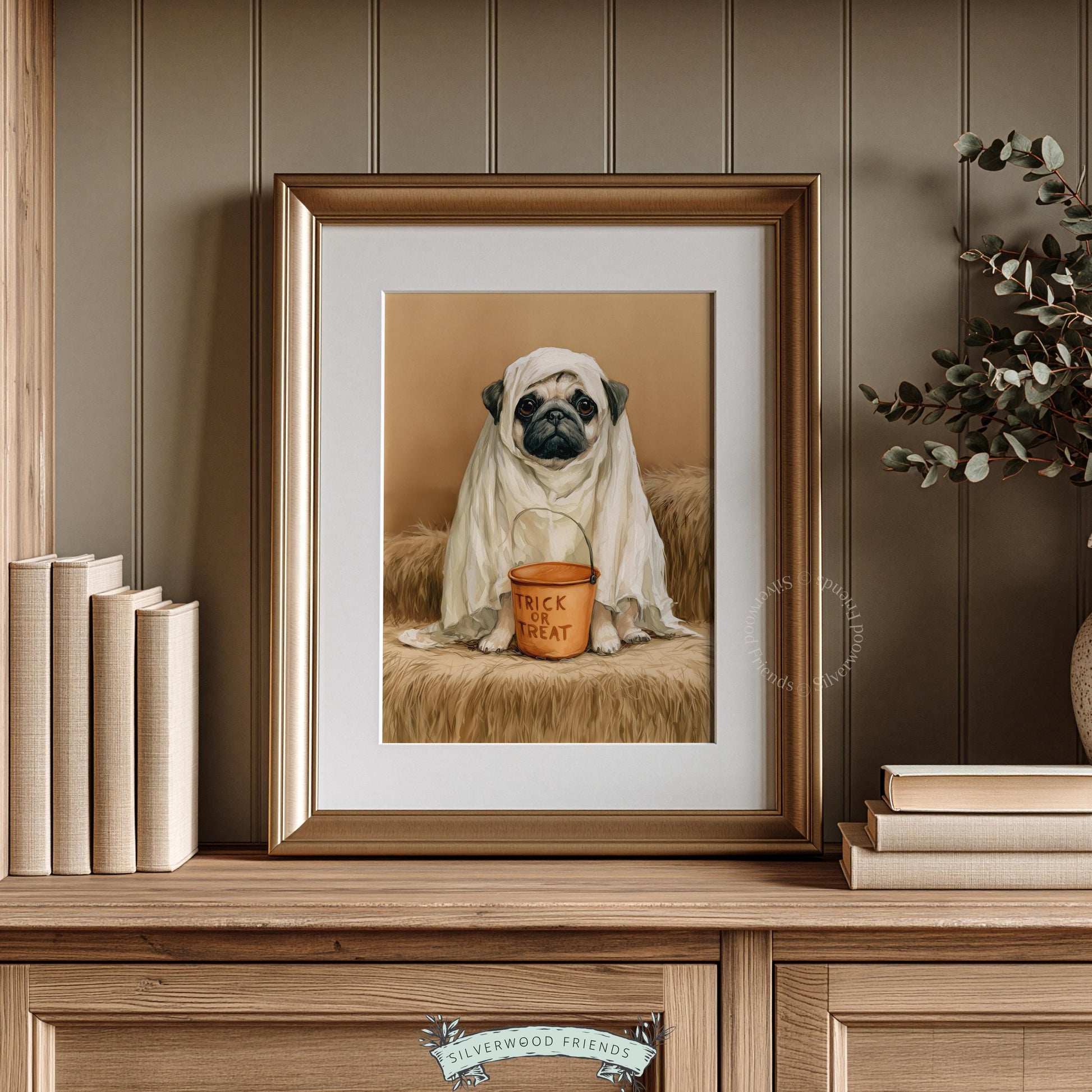 Trick-or-treat pug artwork poster for gallery wall — vintage pet Halloween print with warm rustic aesthetic
