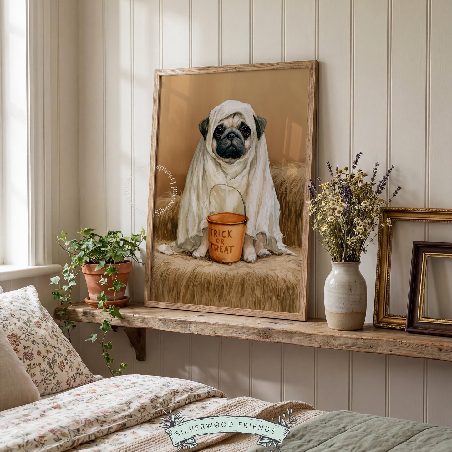 Grouchy pug holding candy bucket poster for entryway — whimsical spooky dog artwork with soft painting style
