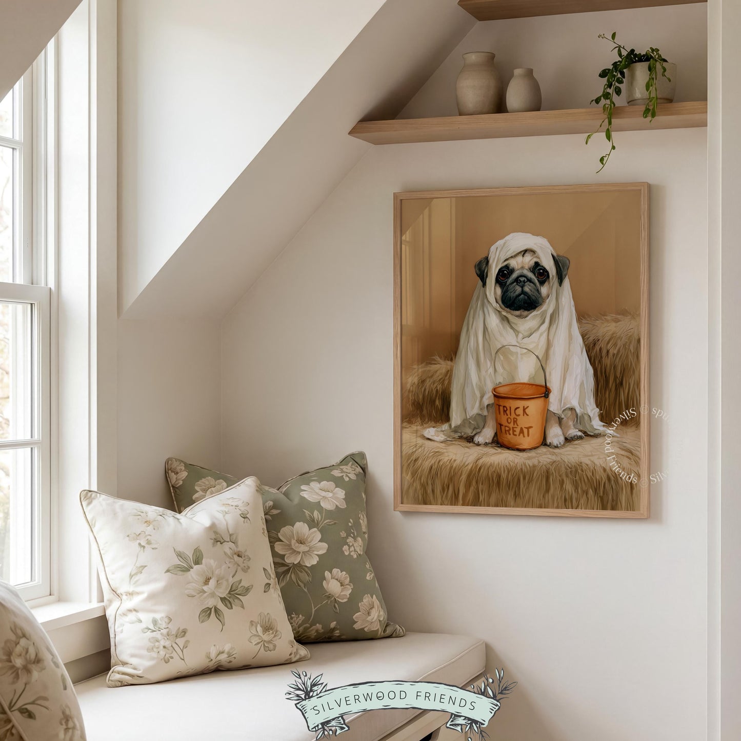 Mischievous ghost dog wall art for bedroom — cozy Halloween portrait with realistic detail and neutral palette