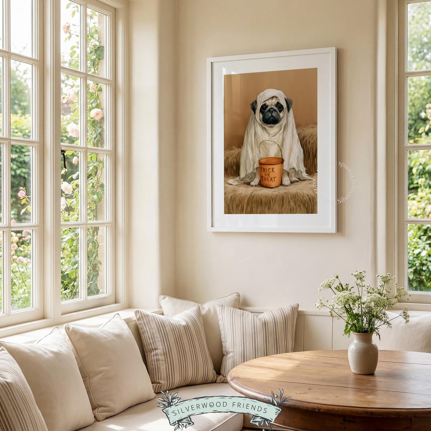 Sulky dog wearing white sheet ghost poster for fall — vintage-style pet Halloween wall art with warm tones