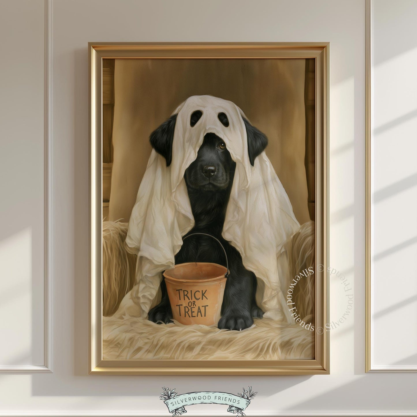 Funny ghost dog artwork instant download — cozy fall decor featuring fluffy Lab and orange bucket