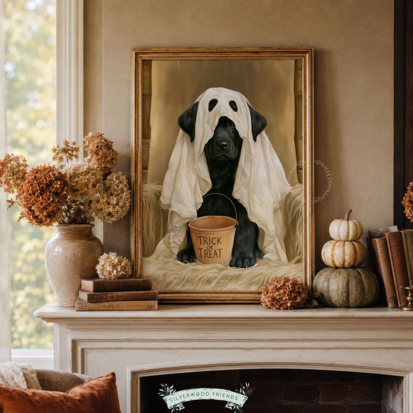 Spooky season dog digital download wall art — friendly ghost pup holding treat bucket with soft palette