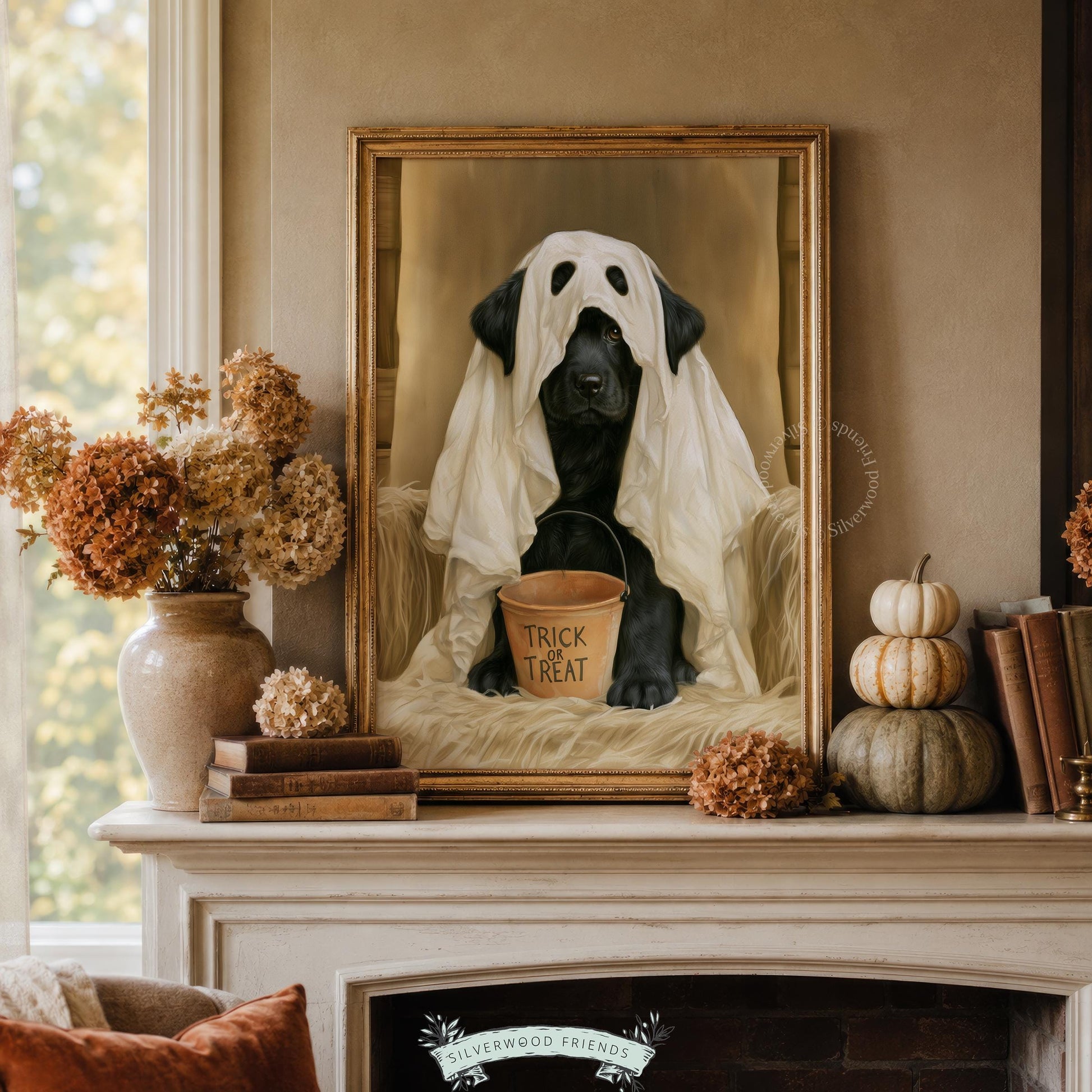 Spooky season dog digital download wall art — friendly ghost pup holding treat bucket with soft palette