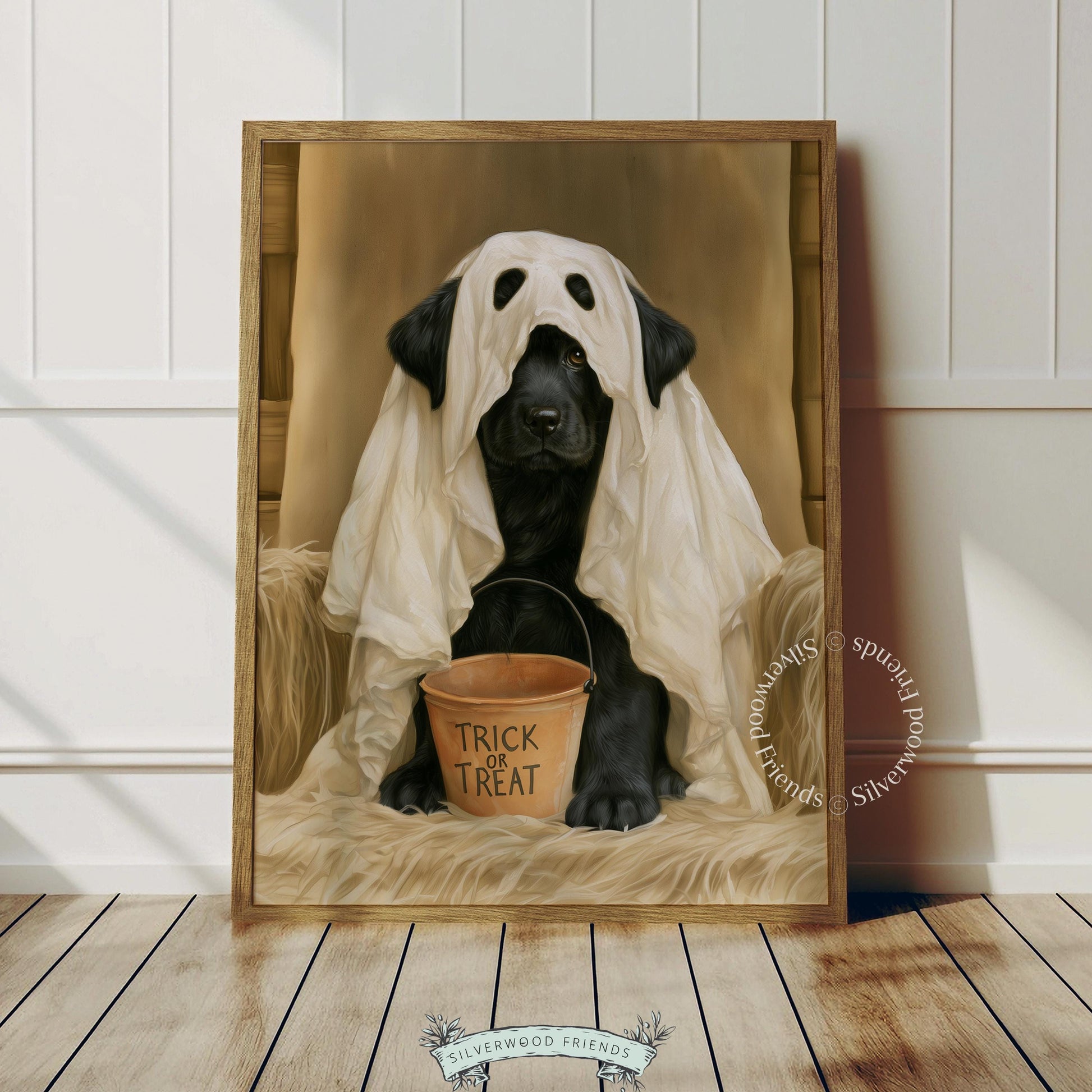 Cute puppy ghost costume wall decor printable — funny vintage painting with fluffy black Labrador