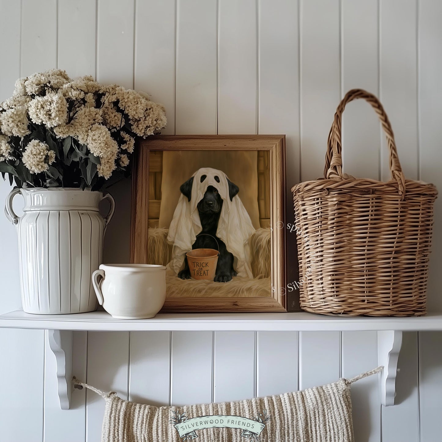 Playful pup ghost costume wall print for den — spooky Halloween scene with realistic soft brushwork