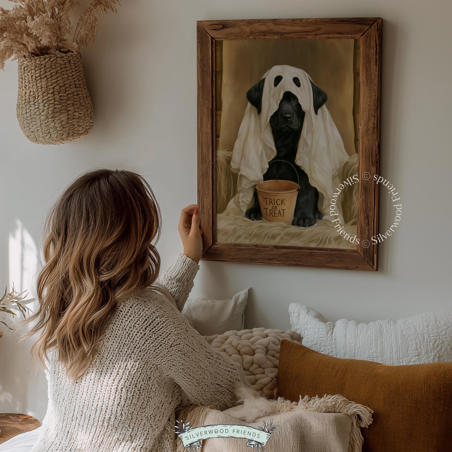 Black dog ghost outfit poster for nursery — cute vintage portrait with pastel warm tones
