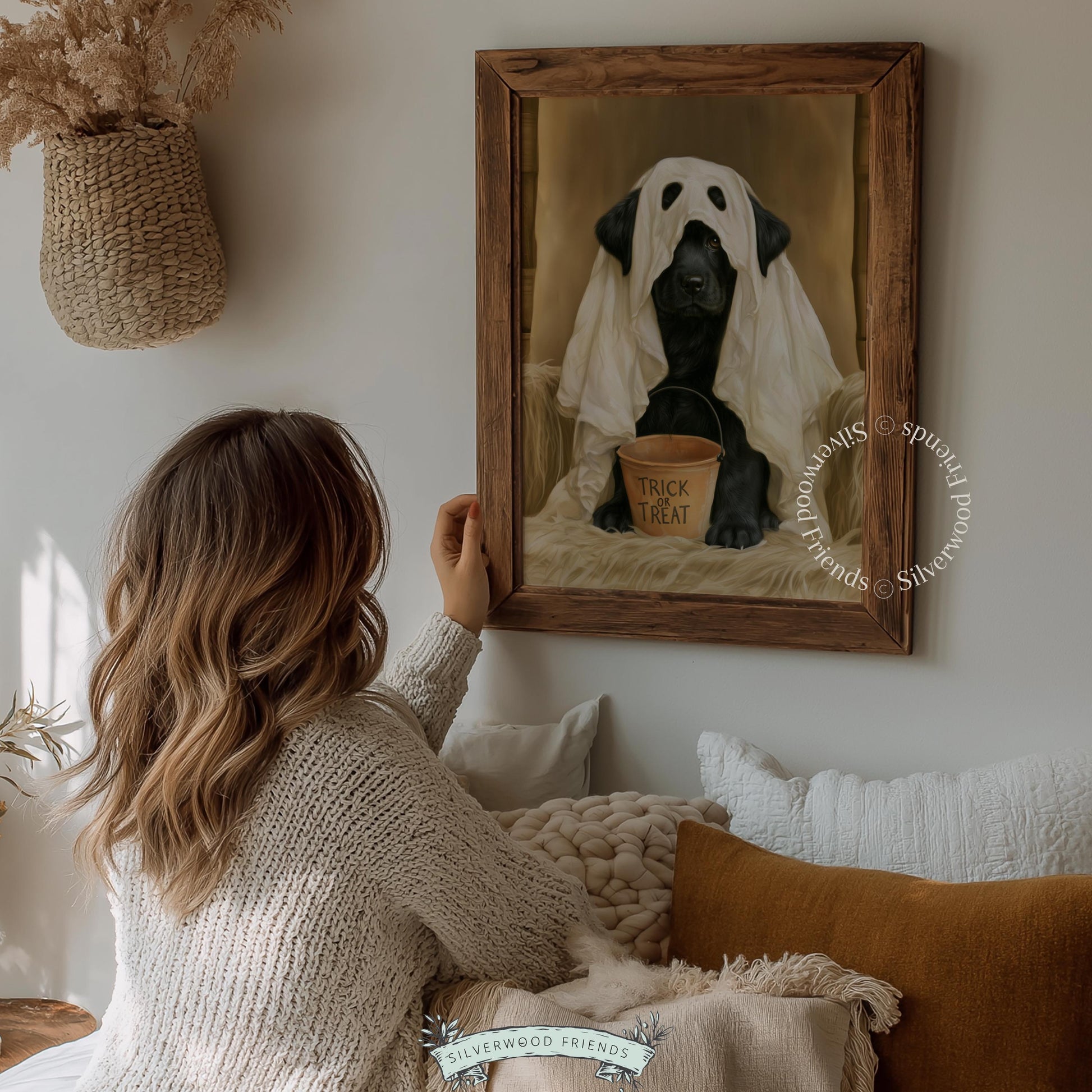 Black dog ghost outfit poster for nursery — cute vintage portrait with pastel warm tones