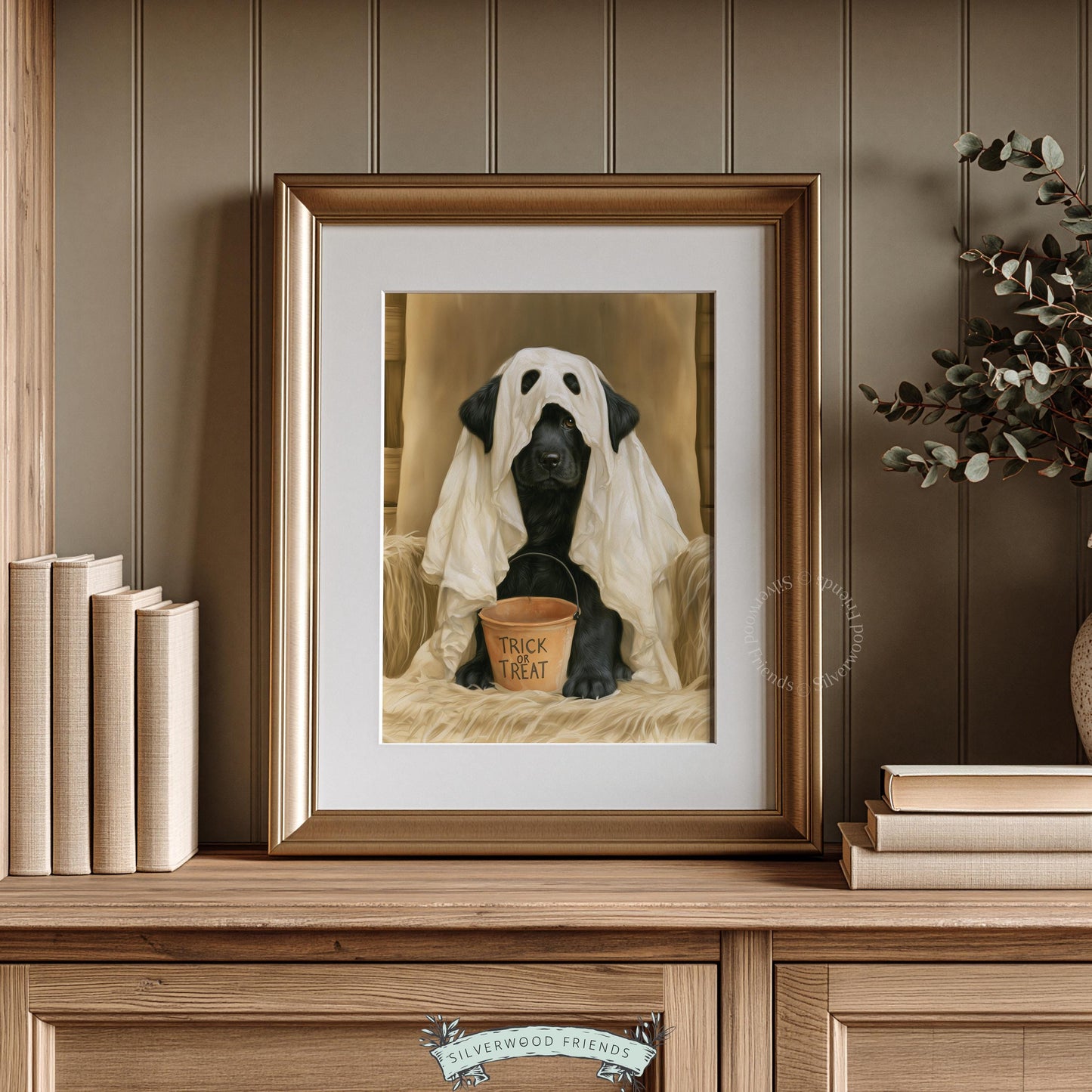 Ghost dog wall art for bedroom — cozy Halloween painting of black Lab with pouty expression
