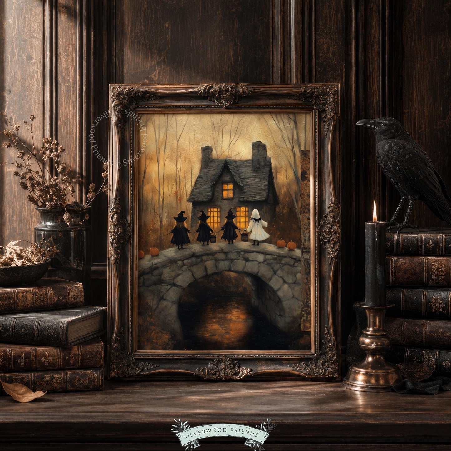 Autumn bare trees wall art for bedroom — eerie children's Halloween scene with glowing house silhouette