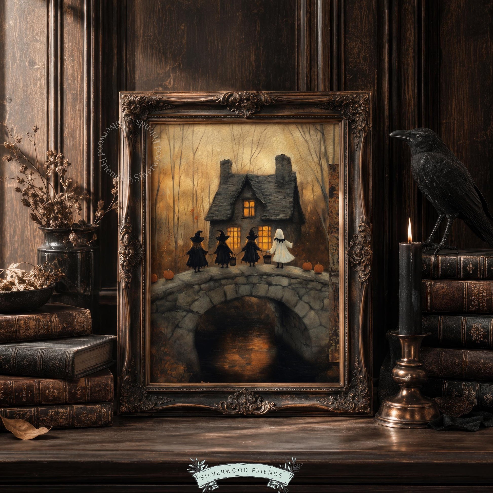 Autumn bare trees wall art for bedroom — eerie children's Halloween scene with glowing house silhouette