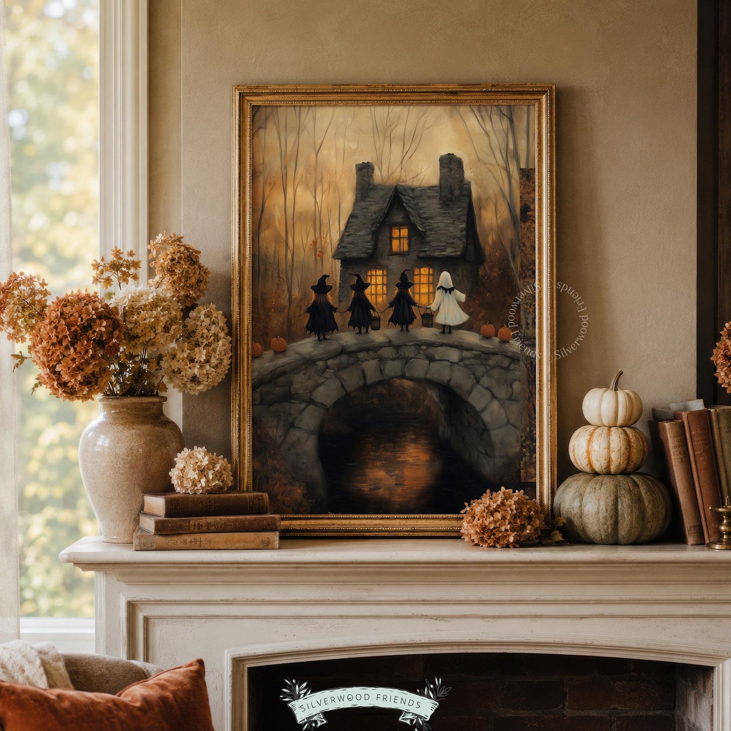 Ghost costume character artwork for den — cozy Halloween wall decor with autumn cottage backdrop