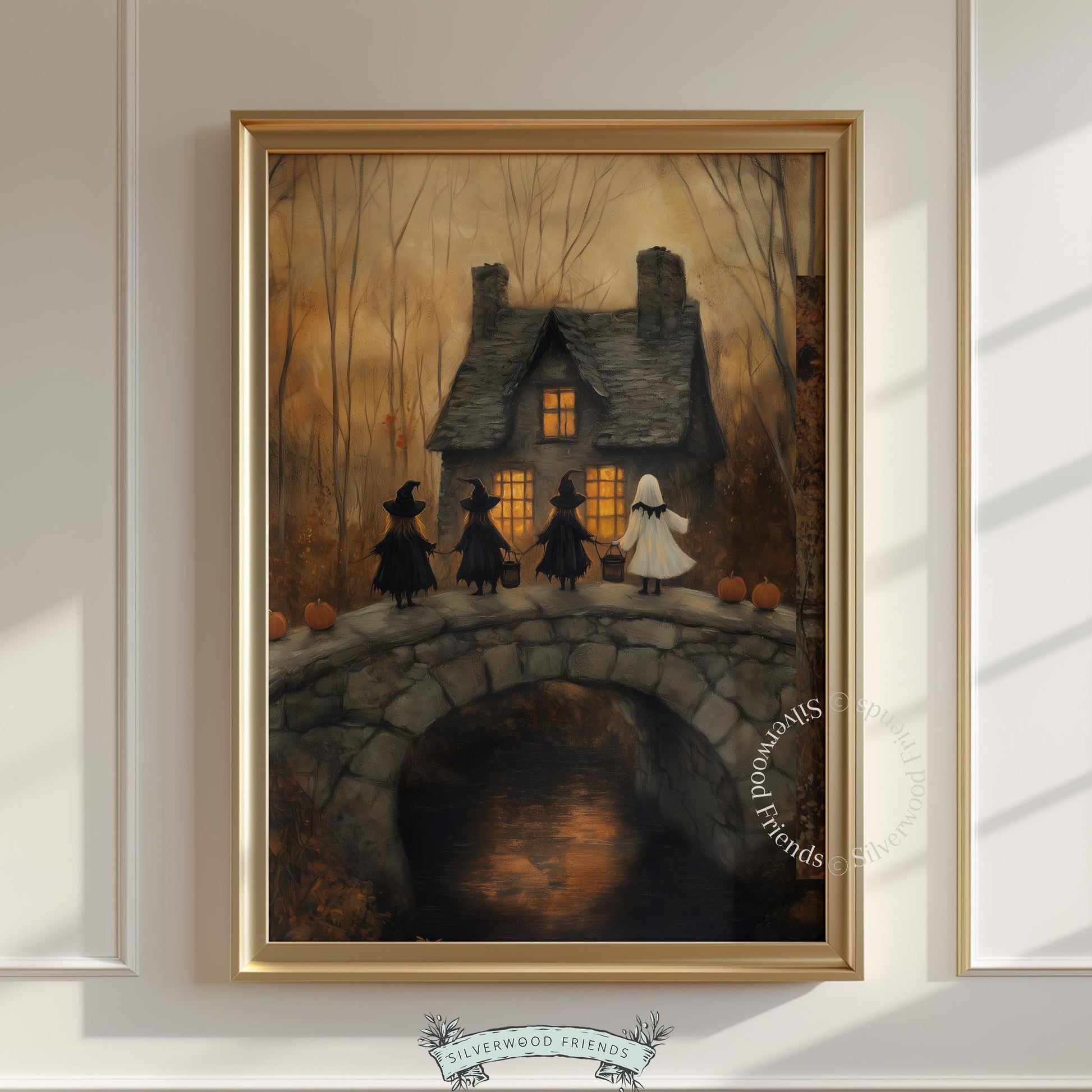 Witch hat silhouettes poster for hallway — gothic cottagecore Halloween decor with textured brushwork