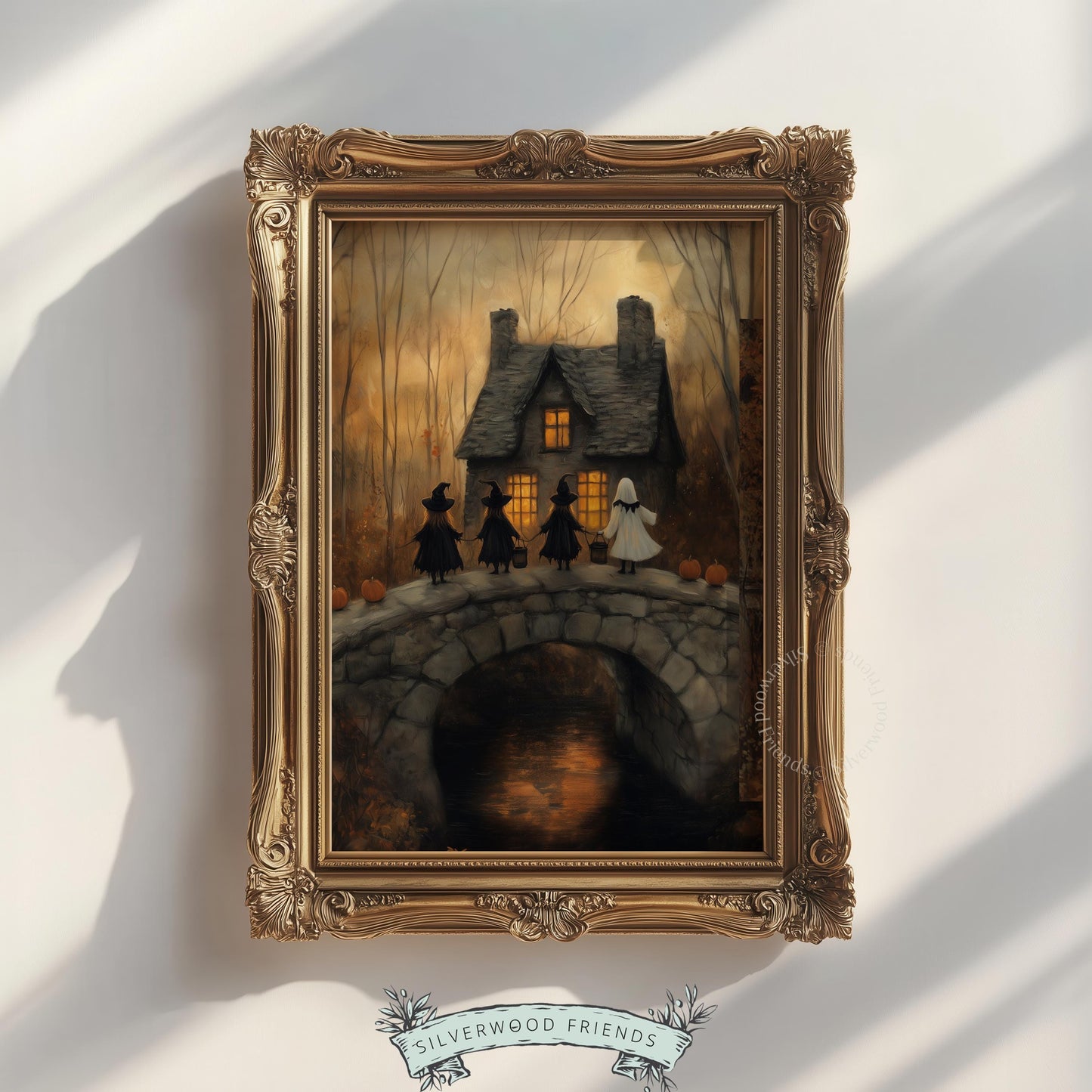 Slate-roofed cottage illustration printable art for office — moody brown palette Halloween aesthetic
