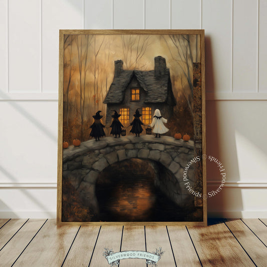 Seasonal wall art featuring shadowed figures for bedroom — moody Halloween illustration with warm amber glow