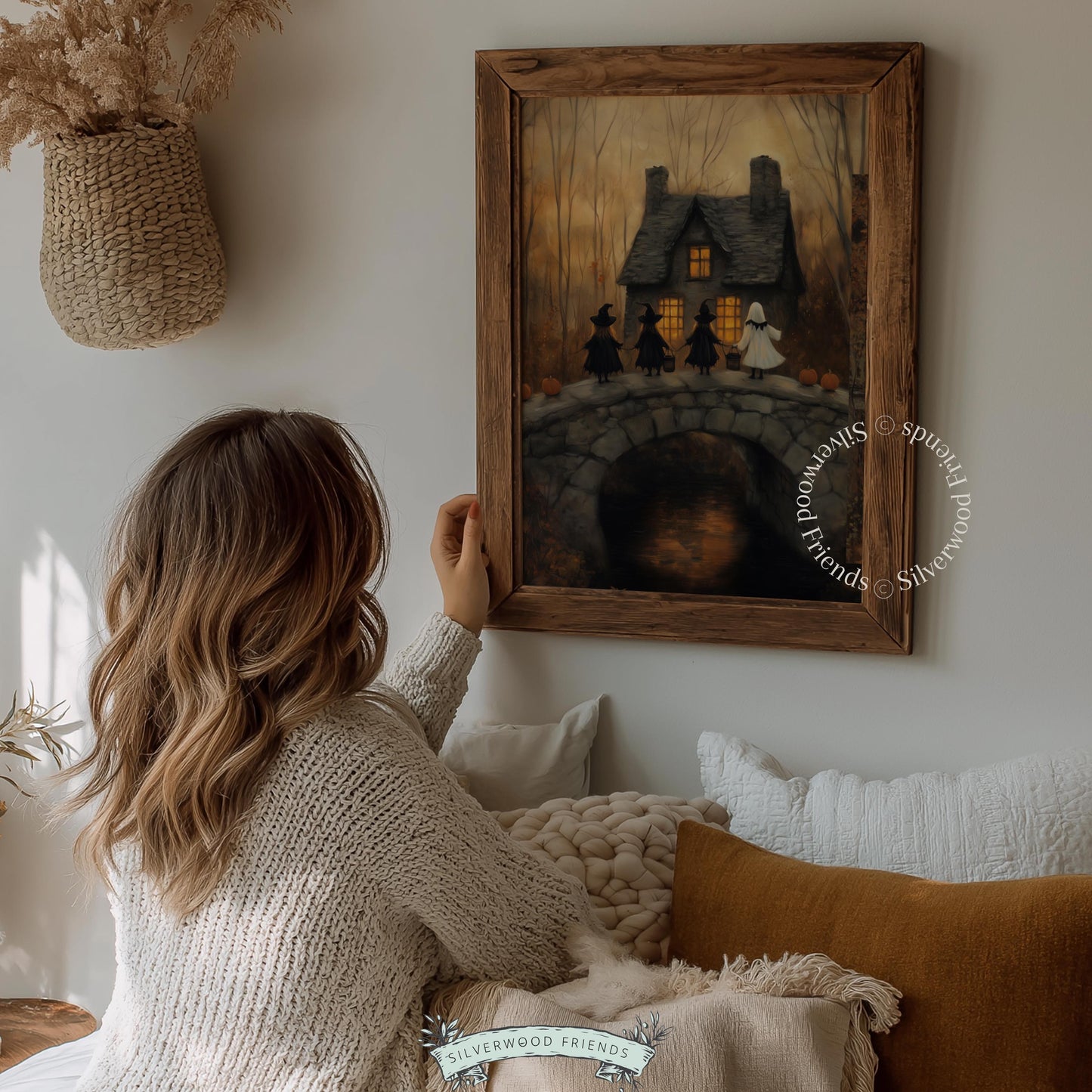 Eerie autumn landscape poster for hallway — vintage-style Halloween decor showing haunted house approach