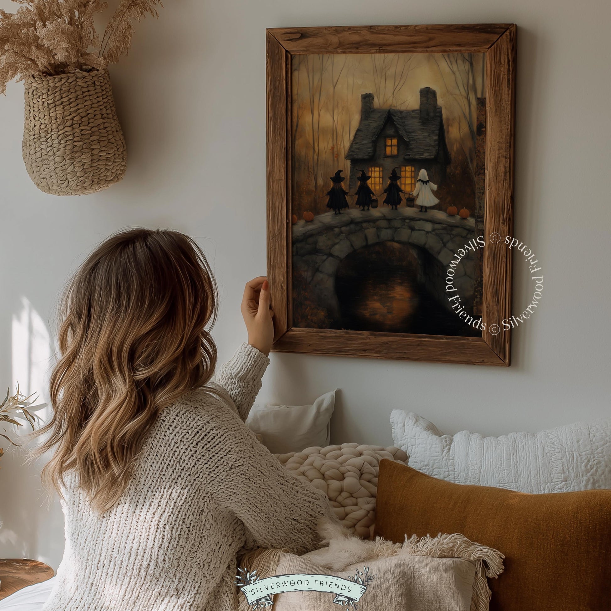 Eerie autumn landscape poster for hallway — vintage-style Halloween decor showing haunted house approach