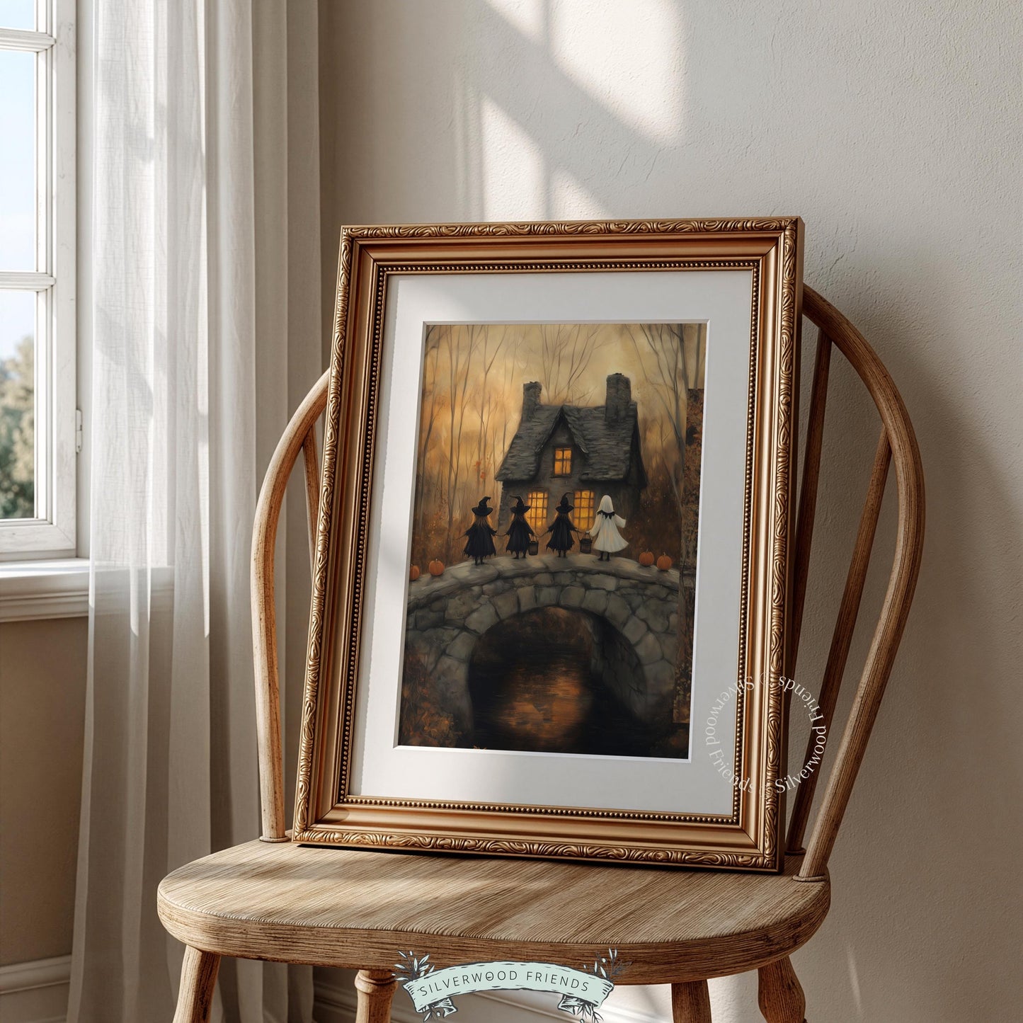 Textured Halloween cottage artwork poster for family room — dark vintage aesthetic with pumpkin-lined walkway