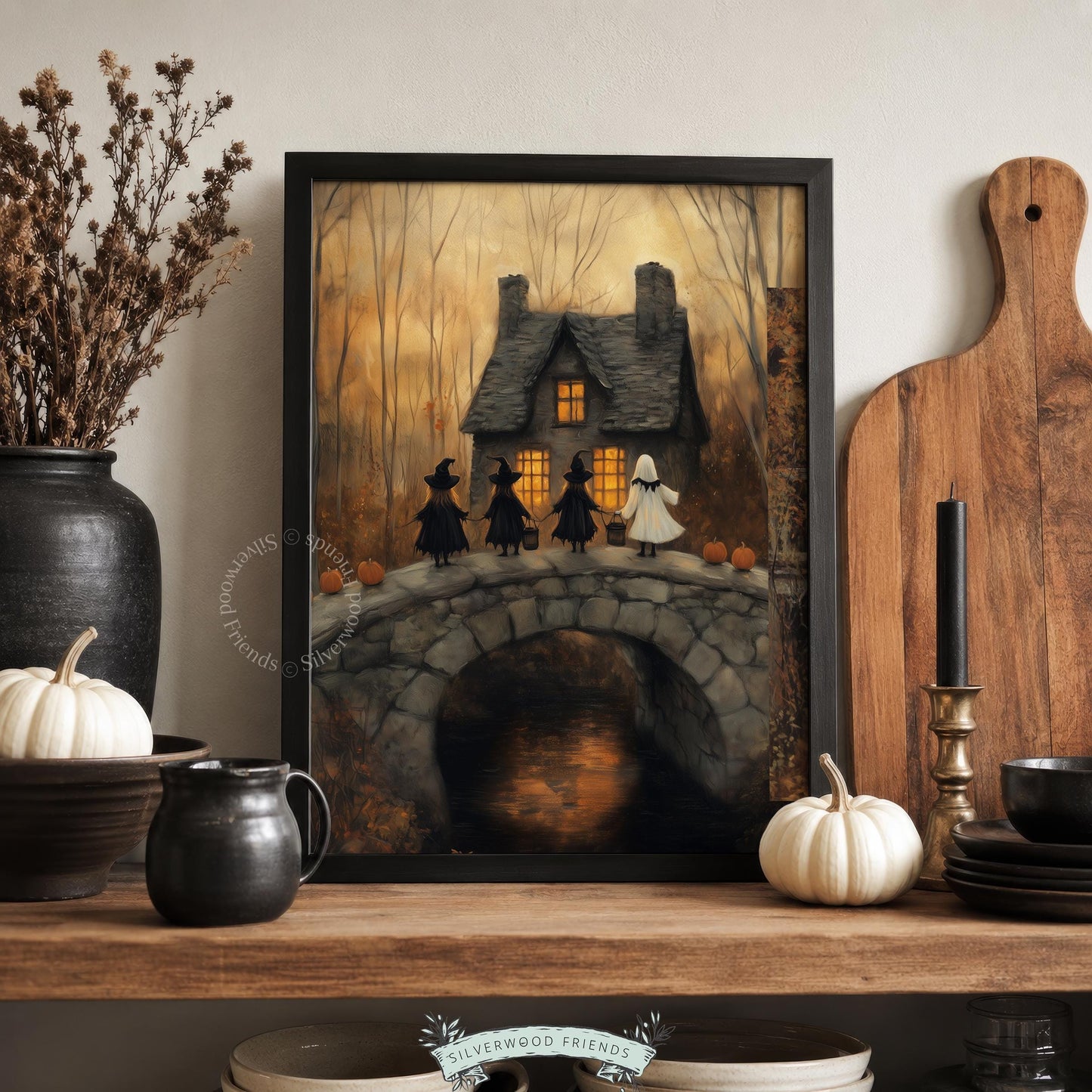 Pumpkin-lined pathway picture for family room — vintage spooky season print with painterly details