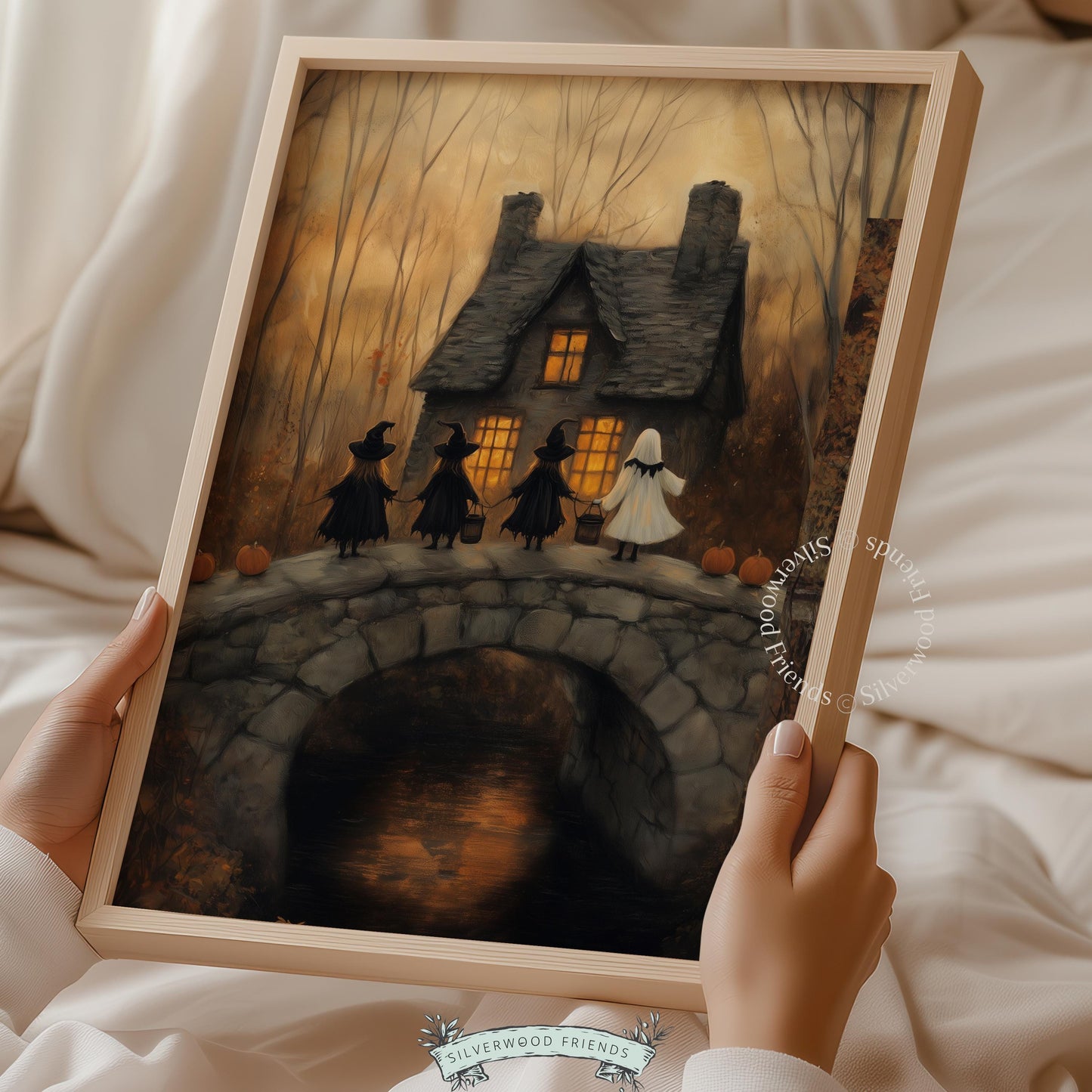 Basket-carrying ghost figure poster for entryway — vintage folk-inspired wall decor with witchy atmosphere