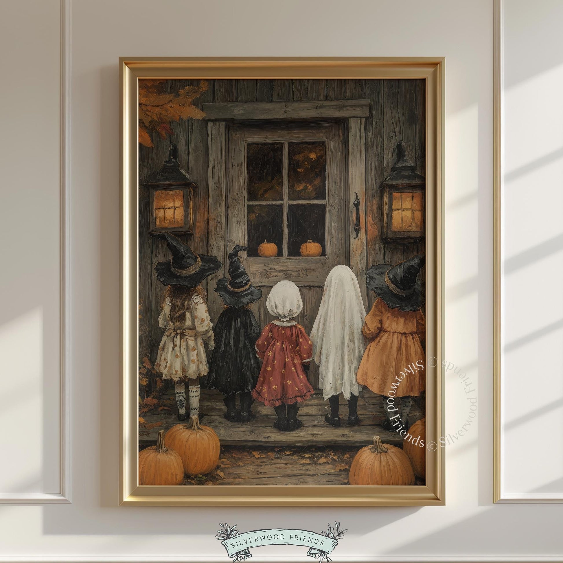 Halloween costume illustration printable art for wall — cozy-spooky children scene with farmhouse door and orange pumpkins