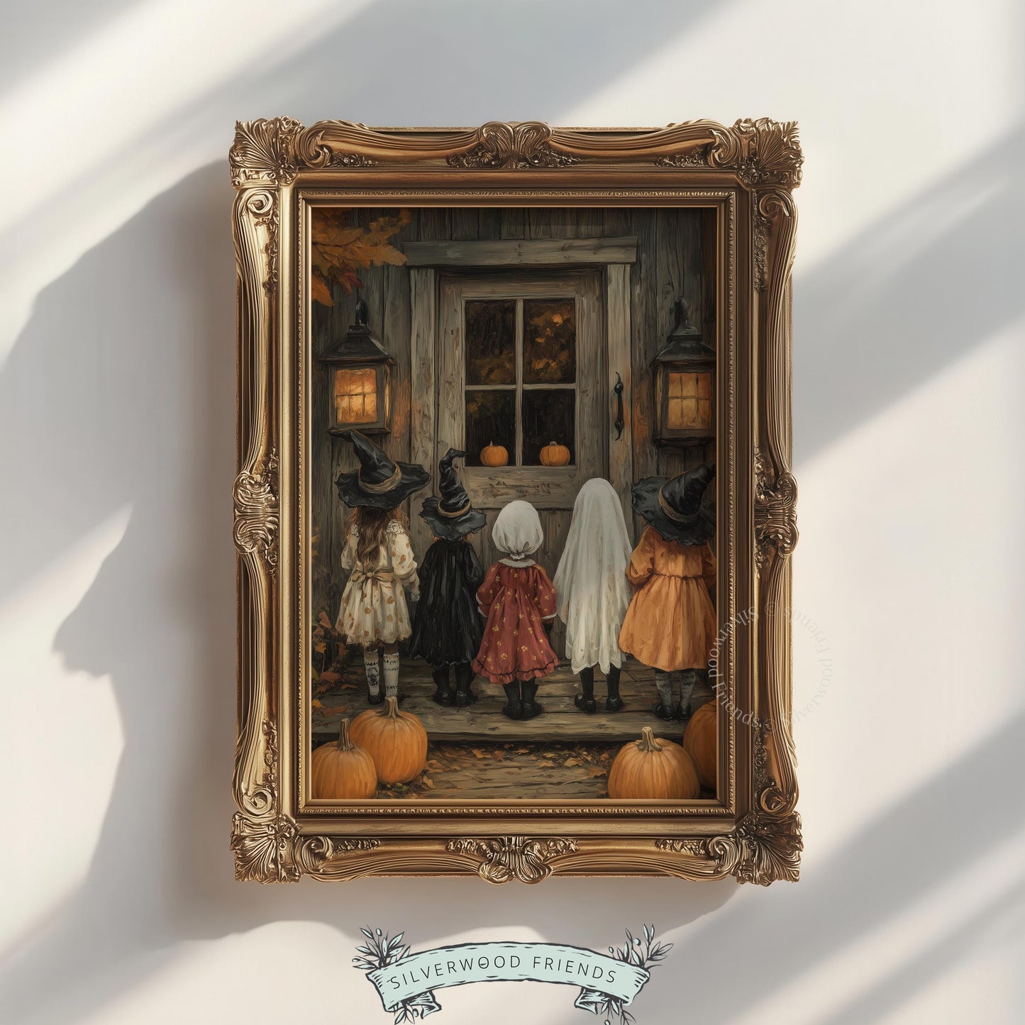 Rustic trick-or-treat children poster for fall decor — textured vintage Halloween artwork with witches and glowing lanterns