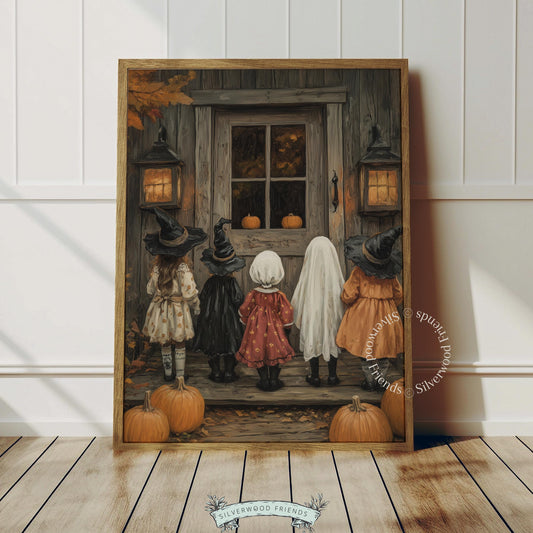 Four kids approaching door wall art for nursery — rustic farmhouse Halloween illustration with glowing lanterns