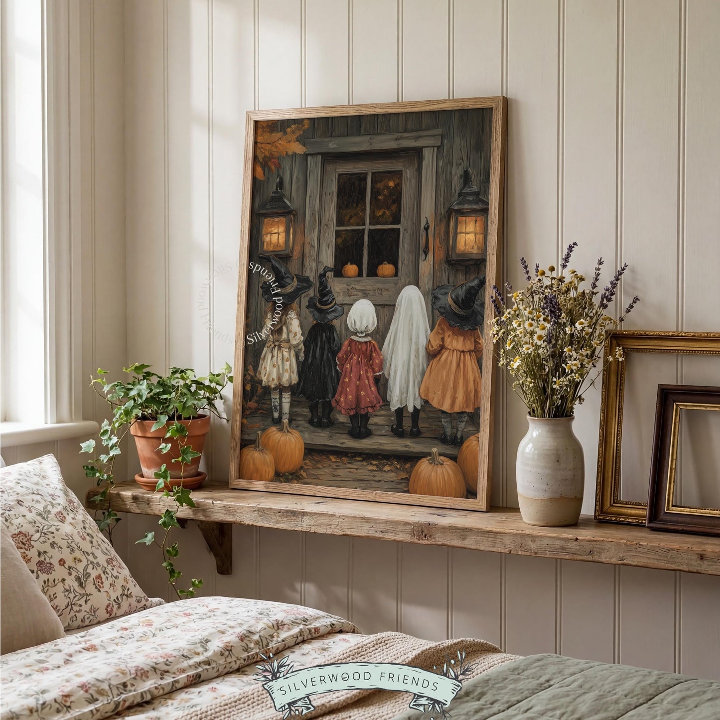 Porch scene with ghost child picture for gallery wall — cozy-spooky fall illustration featuring rustic wooden door