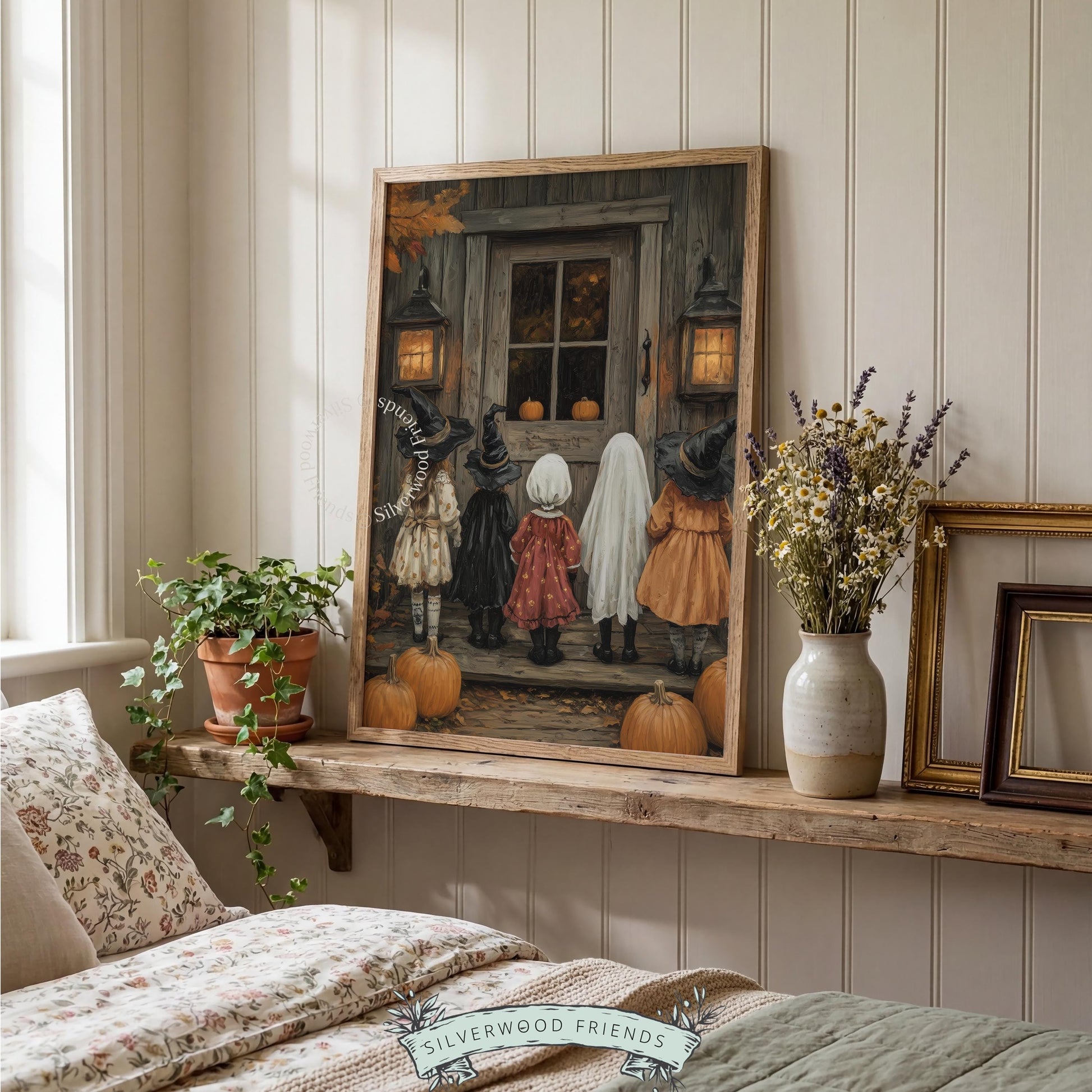 Porch scene with ghost child picture for gallery wall — cozy-spooky fall illustration featuring rustic wooden door