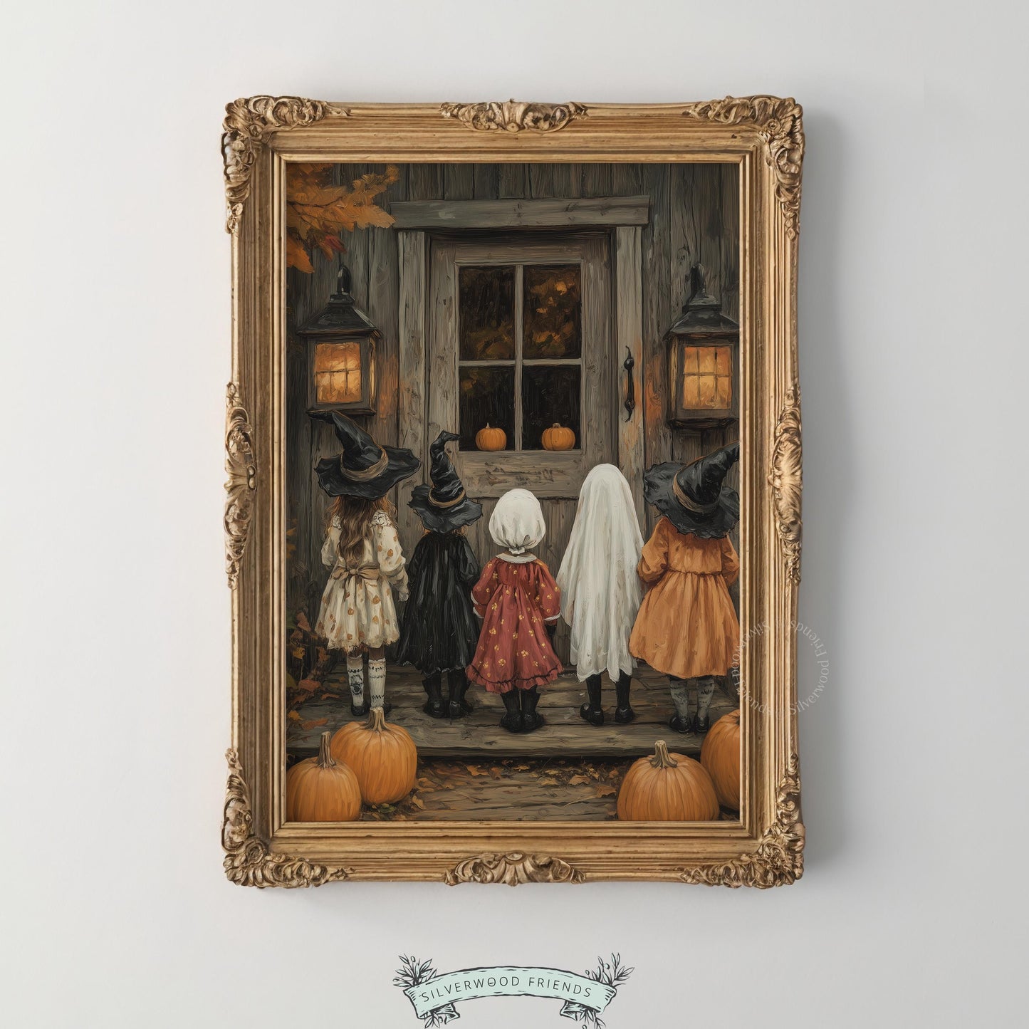 Trick-or-treating children poster for hallway — cottagecore spooky aesthetic with pumpkins and autumn leaves