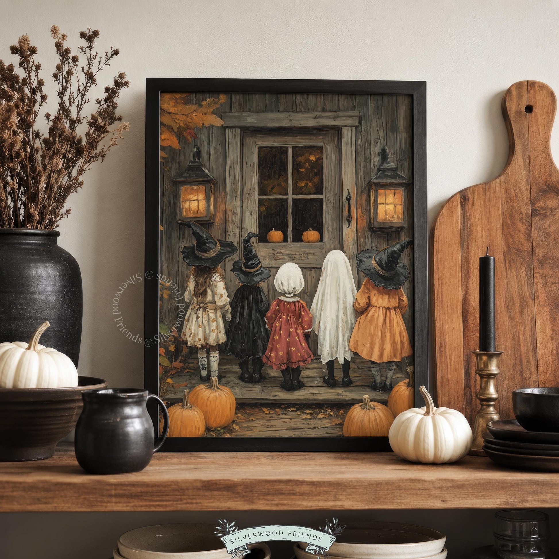 Children in Halloween costumes printable art for entryway — vintage trick-or-treating scene with cozy autumn mood