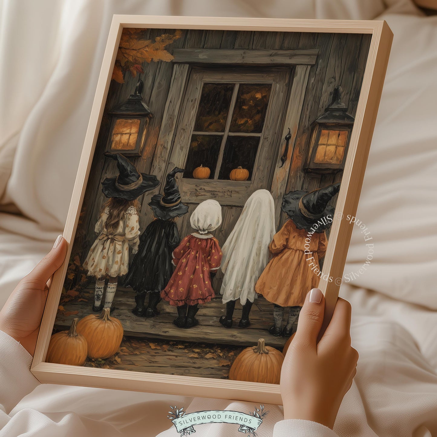Vintage Halloween children picture for entryway — farmhouse-style trick-or-treat illustration with ghost, witches, and cozy autumn vibes
