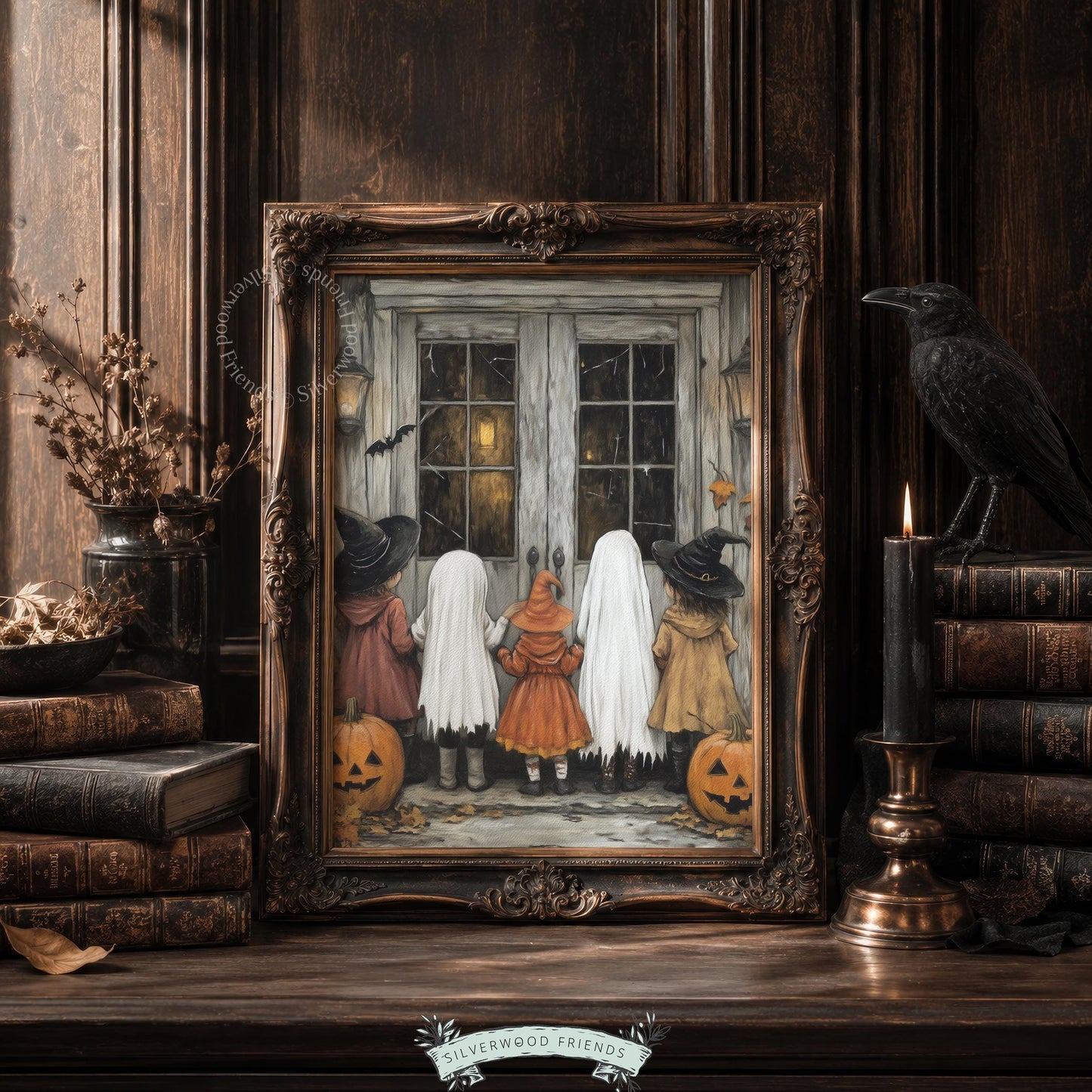 Spooky season children's wall art instant download — Halloween costume scene with wooden door, jack-o-lanterns, and atmospheric fall mood