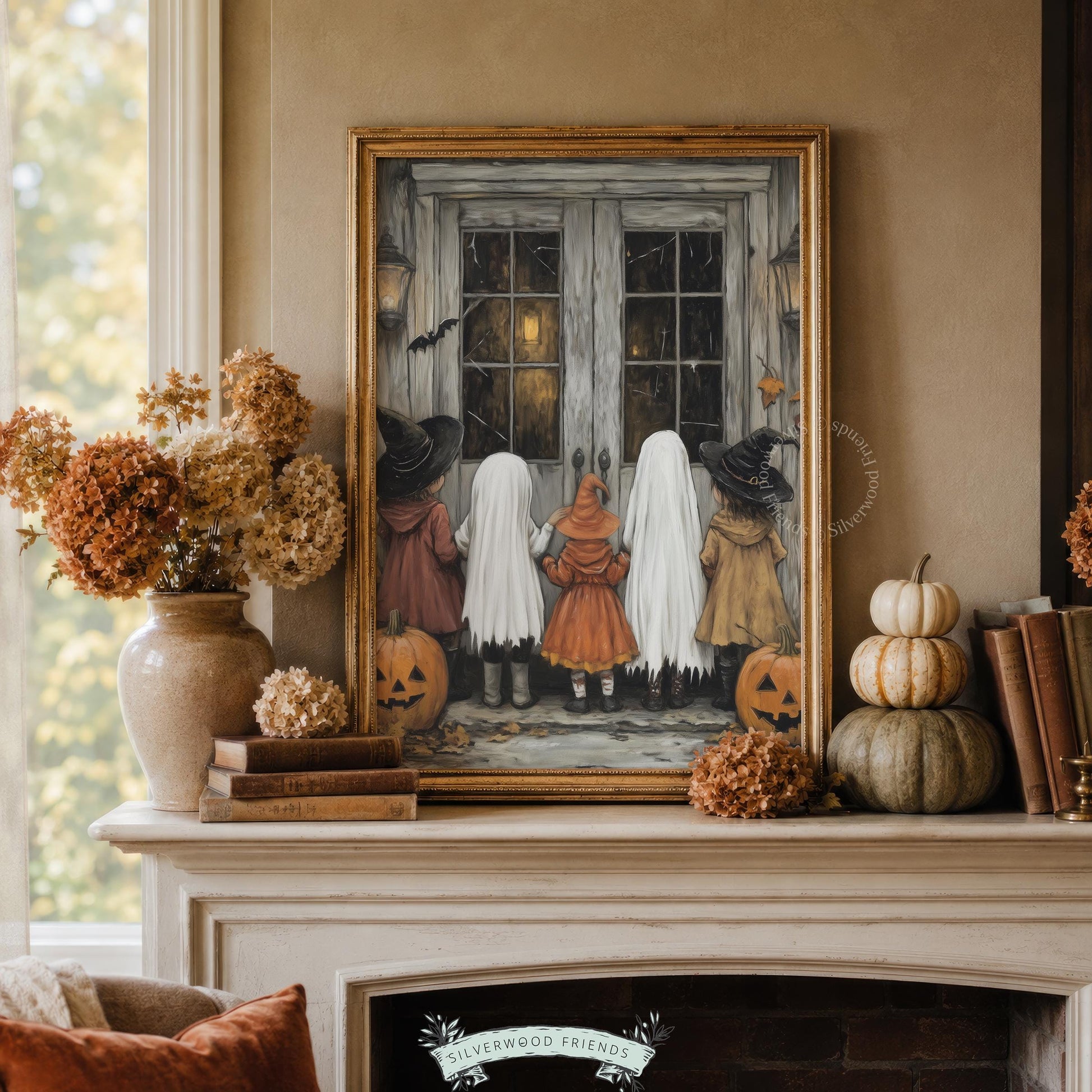 Fall costume gathering digital print — four kids from behind at wooden door, dimly-lit pumpkins, nostalgic pencil aesthetic