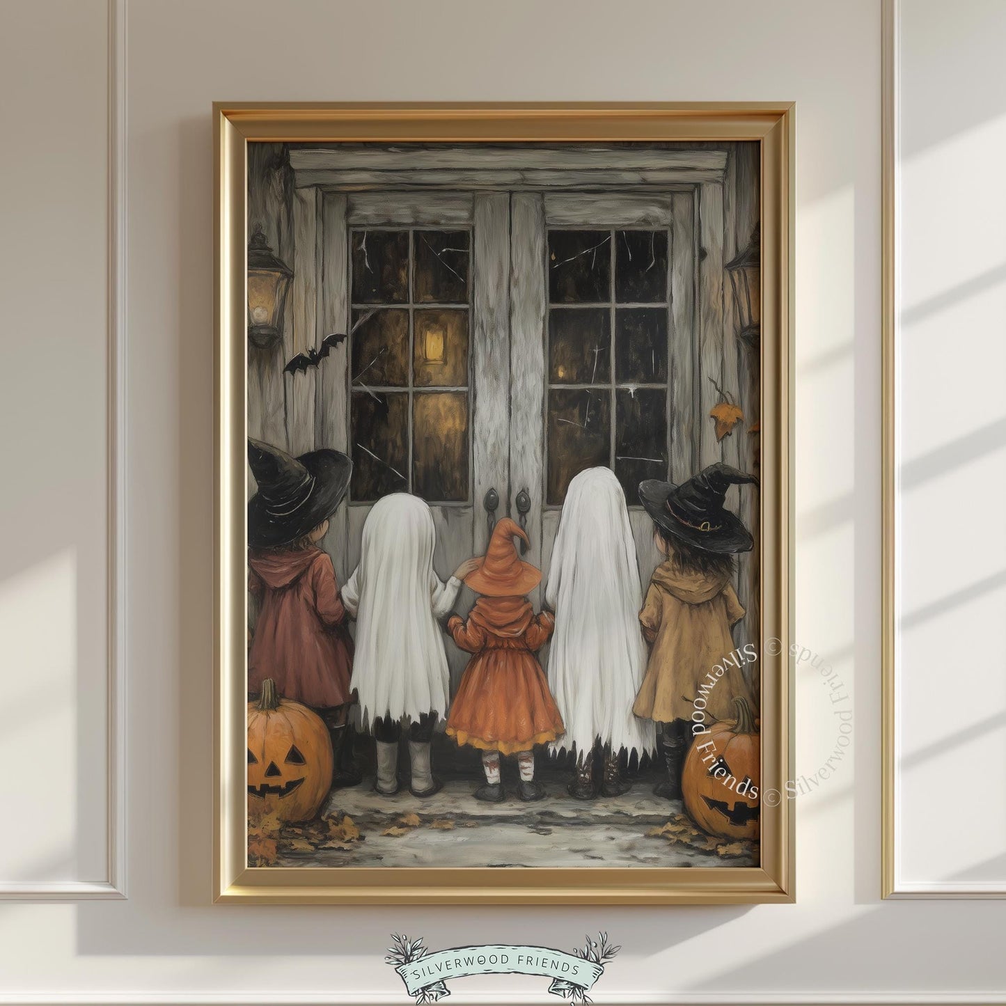 Halloween childhood memory poster for entryway — costumed children approaching haunted door, detailed vintage shading and lantern glow