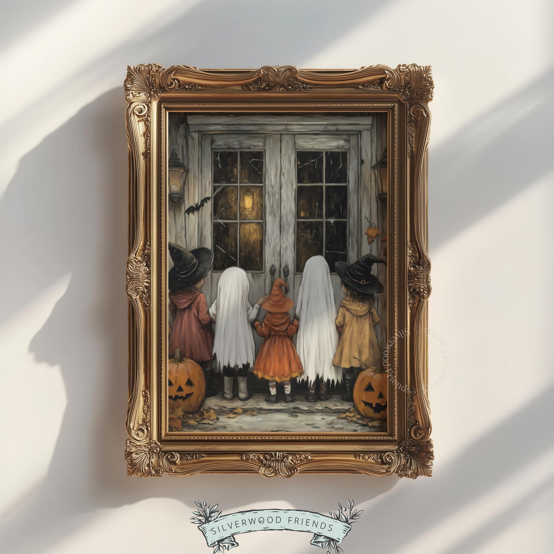 Halloween kids at haunted house digital print — soft-shaded vintage scene with costumed children and jack-o-lanterns