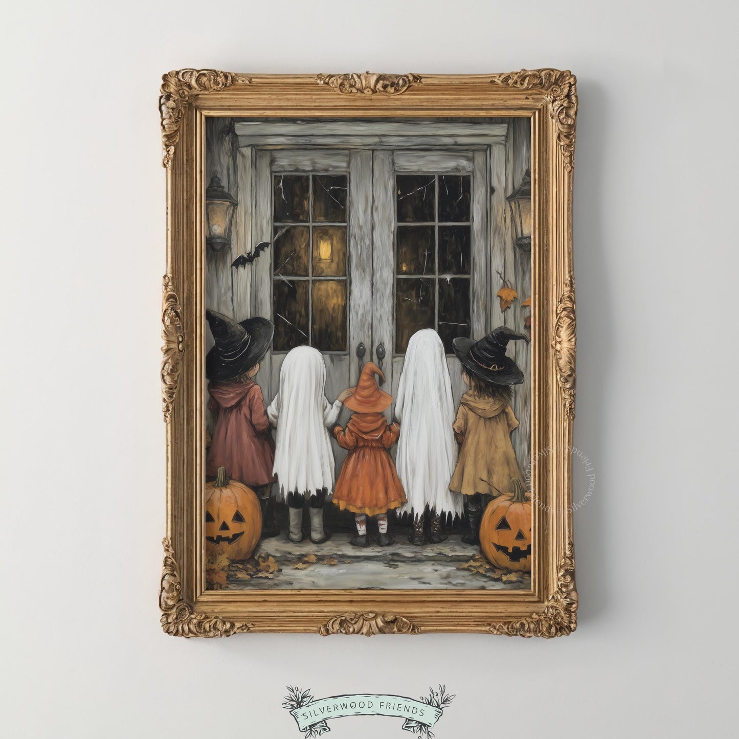 Fall seasonal wall decor printable art — kids approaching wooden door in costume, detailed watercolor-style shading