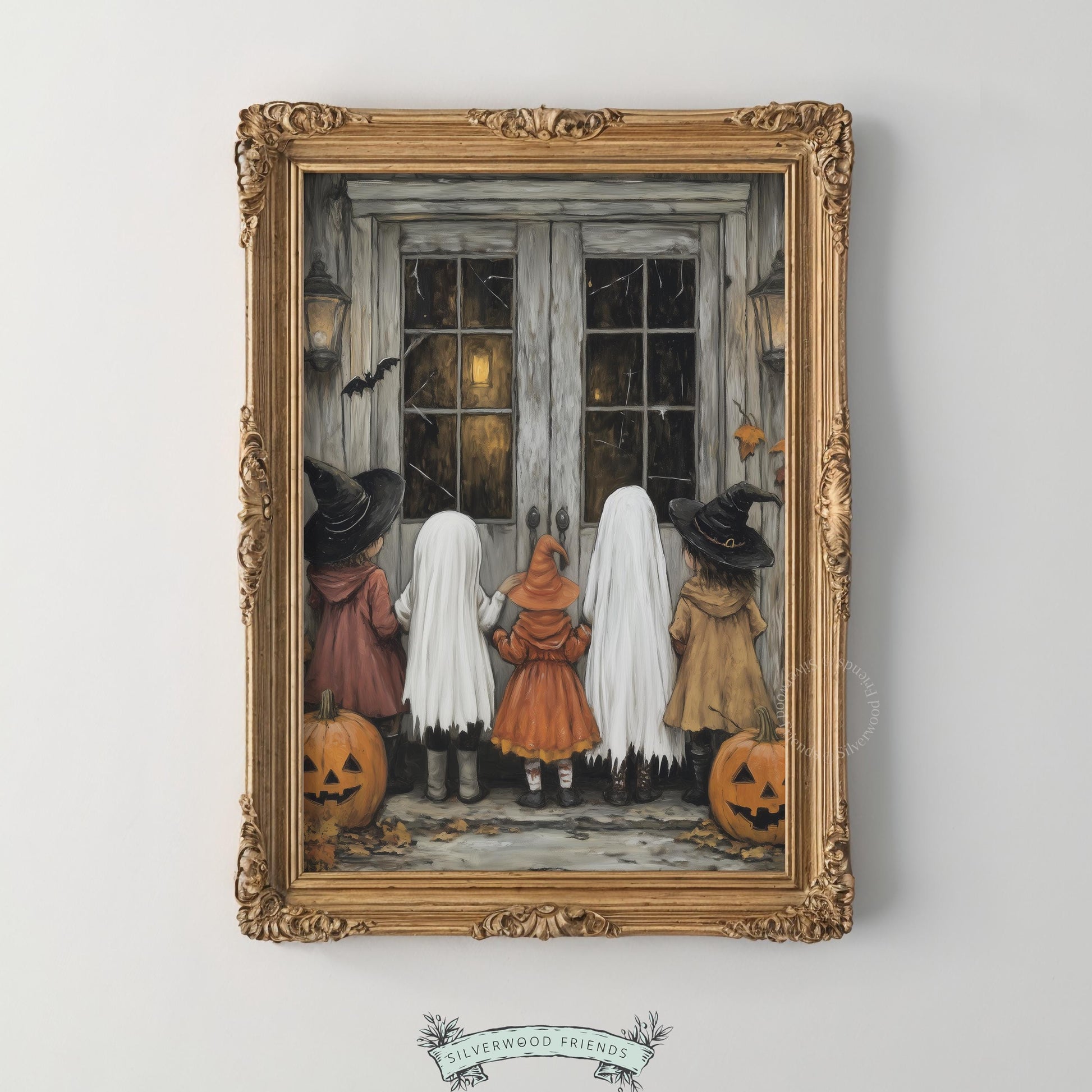 Fall seasonal wall decor printable art — kids approaching wooden door in costume, detailed watercolor-style shading