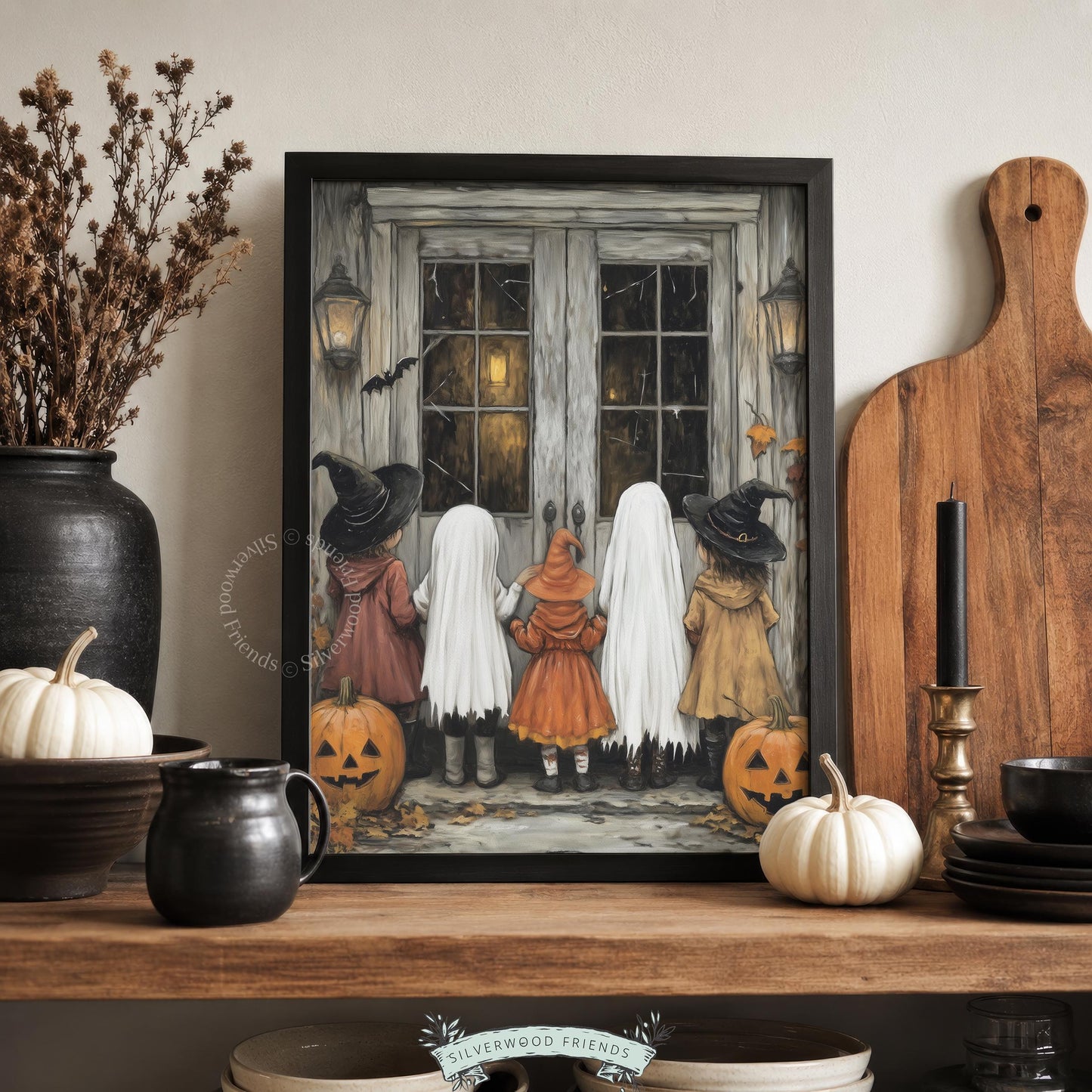 Witchy autumn gathering artwork for gallery wall — costumed kids facing creepy wooden door, vintage pencil rendering