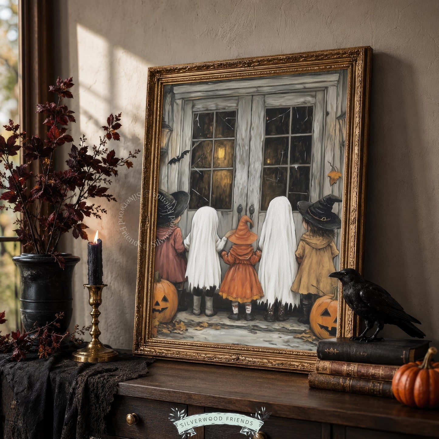 Autumn trick-or-treating poster for living room — pencil-style illustration with carved pumpkins and cozy lantern glow