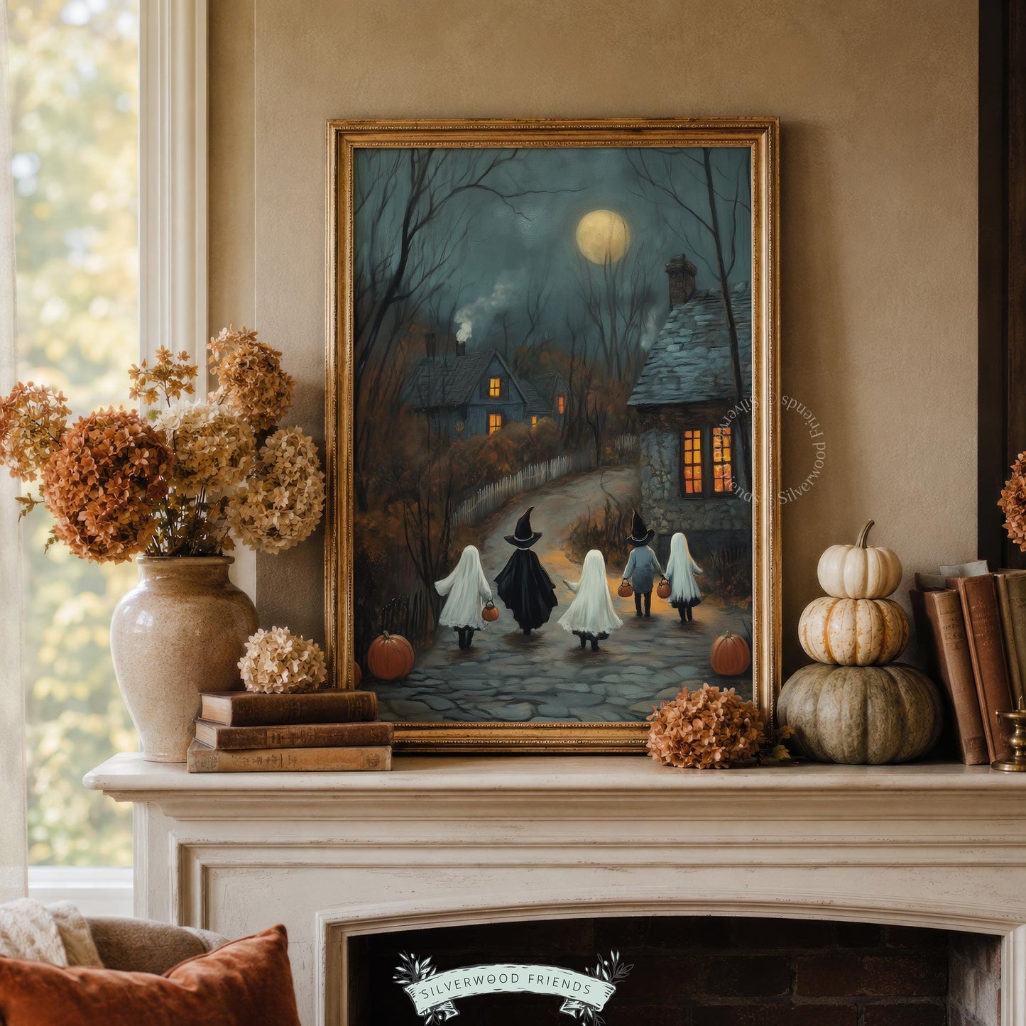 Dark cottagecore Halloween artwork picture — nostalgic spooky evening with stone path leading to welcoming homestead